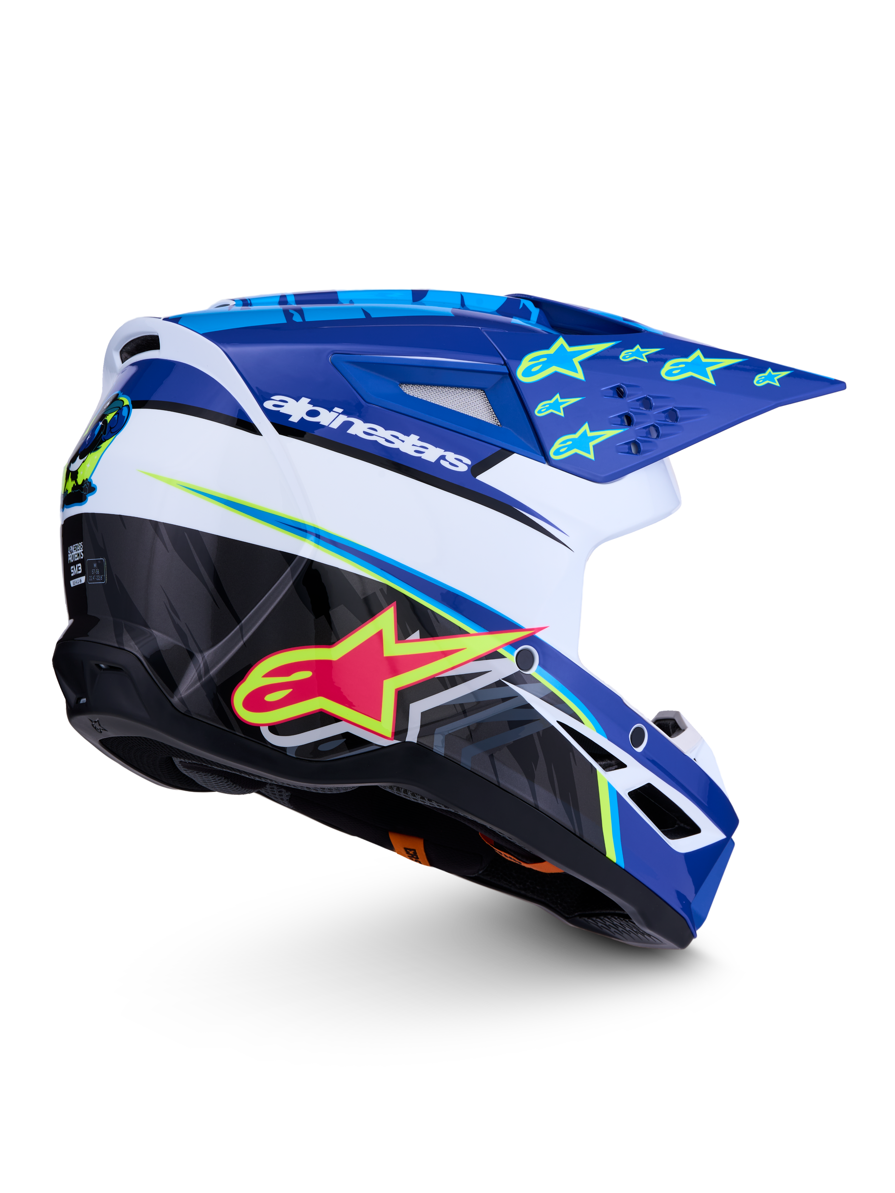 Alpinestars Capacete SM3 Falcon ECE06, motocross, azul, branco e preto com detalhes amarelo fluo e acabamento brilhante.