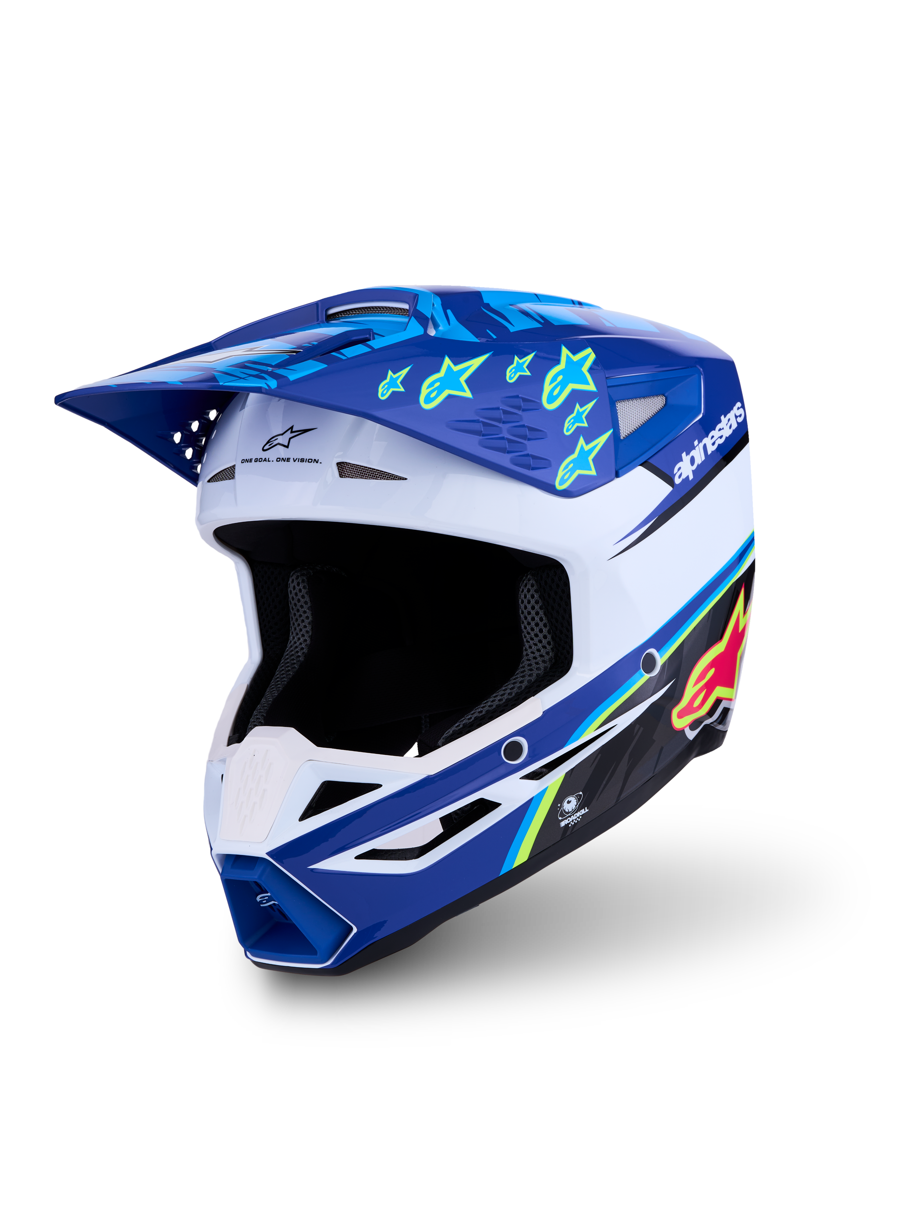 Alpinestars SM3 Falcon ECE06, capacete de motocross azul e branco com gráficos de estrelas amarelas, certificado ECE 22.06.