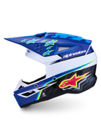 Alpinestars SM3 Falcon ECE06, capacete de motocross em azul e branco, gráficos rosa e amarelo fluo, homologação ECE 22.06