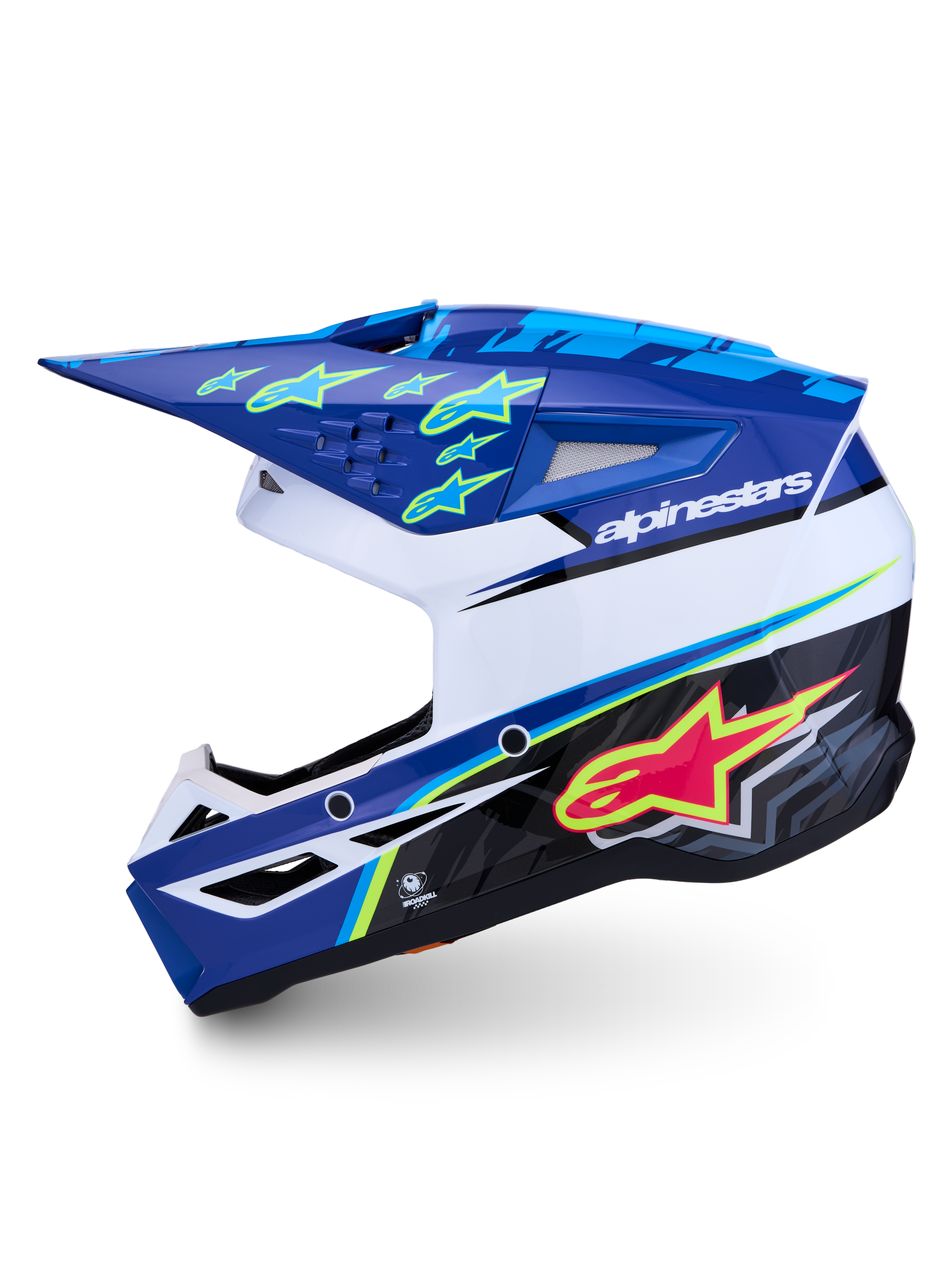 Alpinestars SM3 Falcon ECE06, capacete de motocross em azul e branco, gráficos rosa e amarelo fluo, homologação ECE 22.06