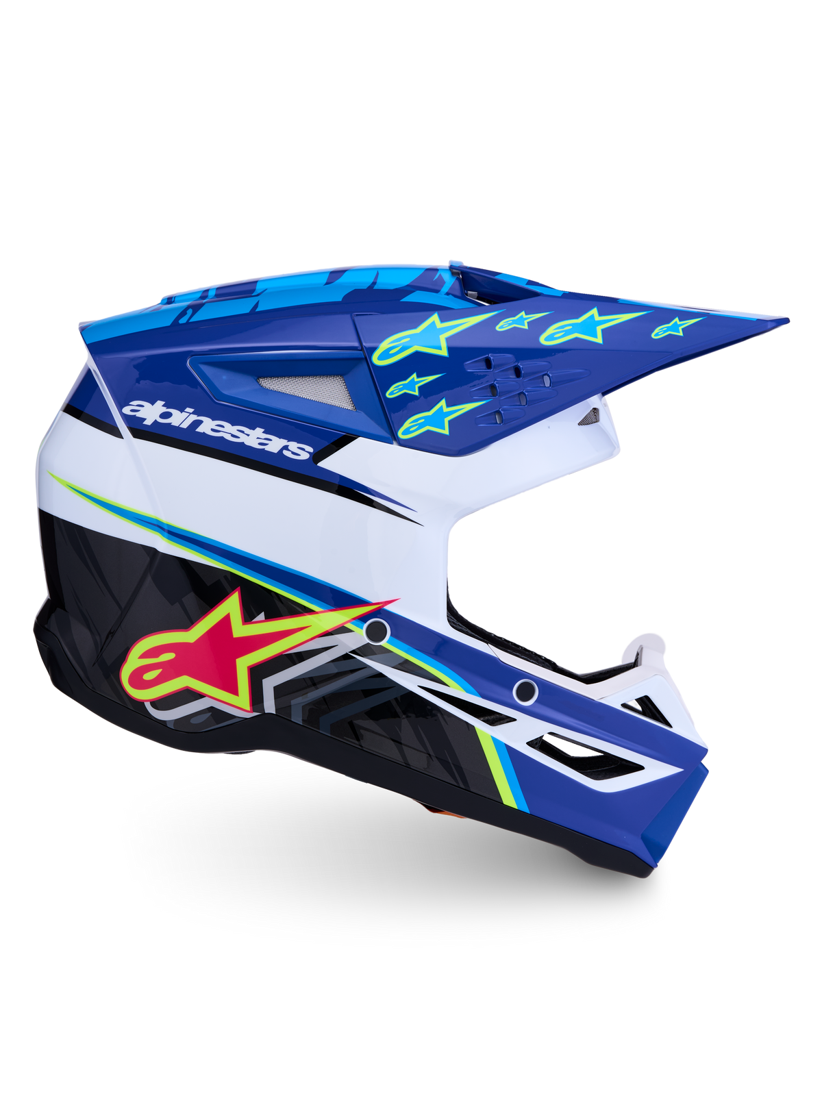 Alpinestars Capacete SM3 Falcon ECE06, capacete de motocross para todo-o-terreno, azul, branco e preto, com gráficos de estrelas e ventilação avançada.
