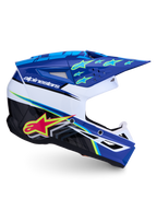 Alpinestars Capacete SM3 Falcon ECE06, capacete de motocross para todo-o-terreno, azul, branco e preto, com gráficos de estrelas e ventilação avançada.