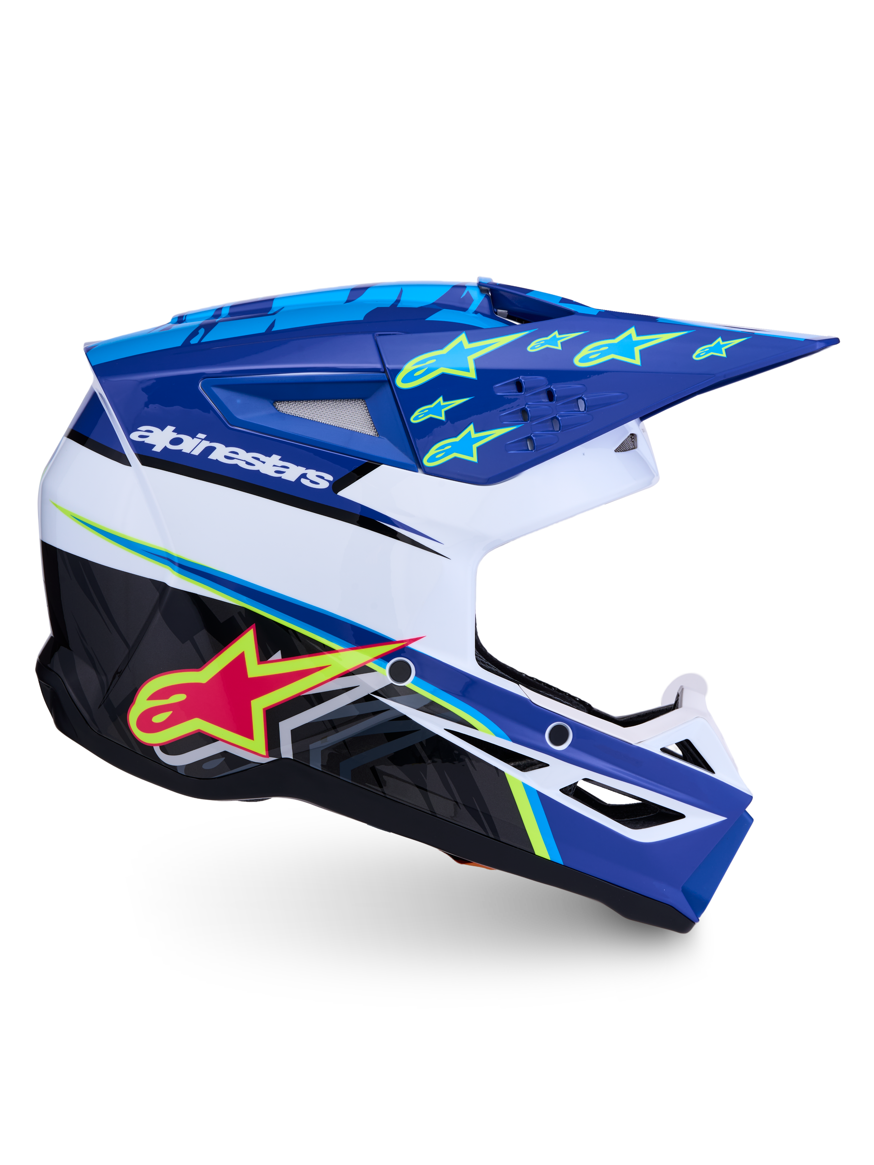 Alpinestars SM3 Falcon Helmet ECE06, blue and white motocross helmet featuring advanced ventilation and star graphics.