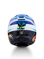 Alpinestars SM3 Falcon ECE06, capacete de motocross azul e branco, vista traseira com gráfico de pássaro boxeador e certificação ECE.