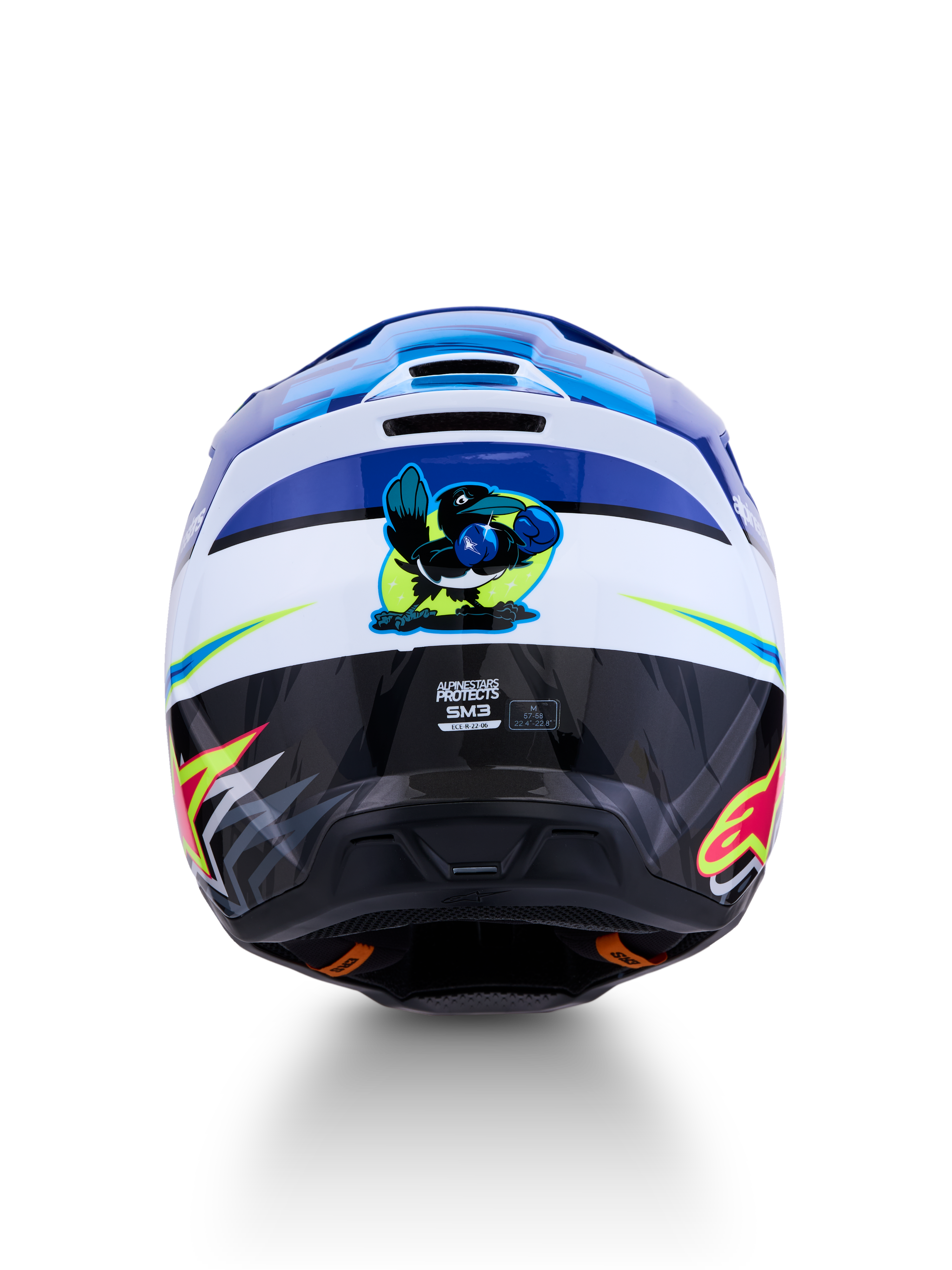 Alpinestars SM3 Falcon ECE06, capacete de motocross azul e branco, vista traseira com gráfico de pássaro boxeador e certificação ECE.