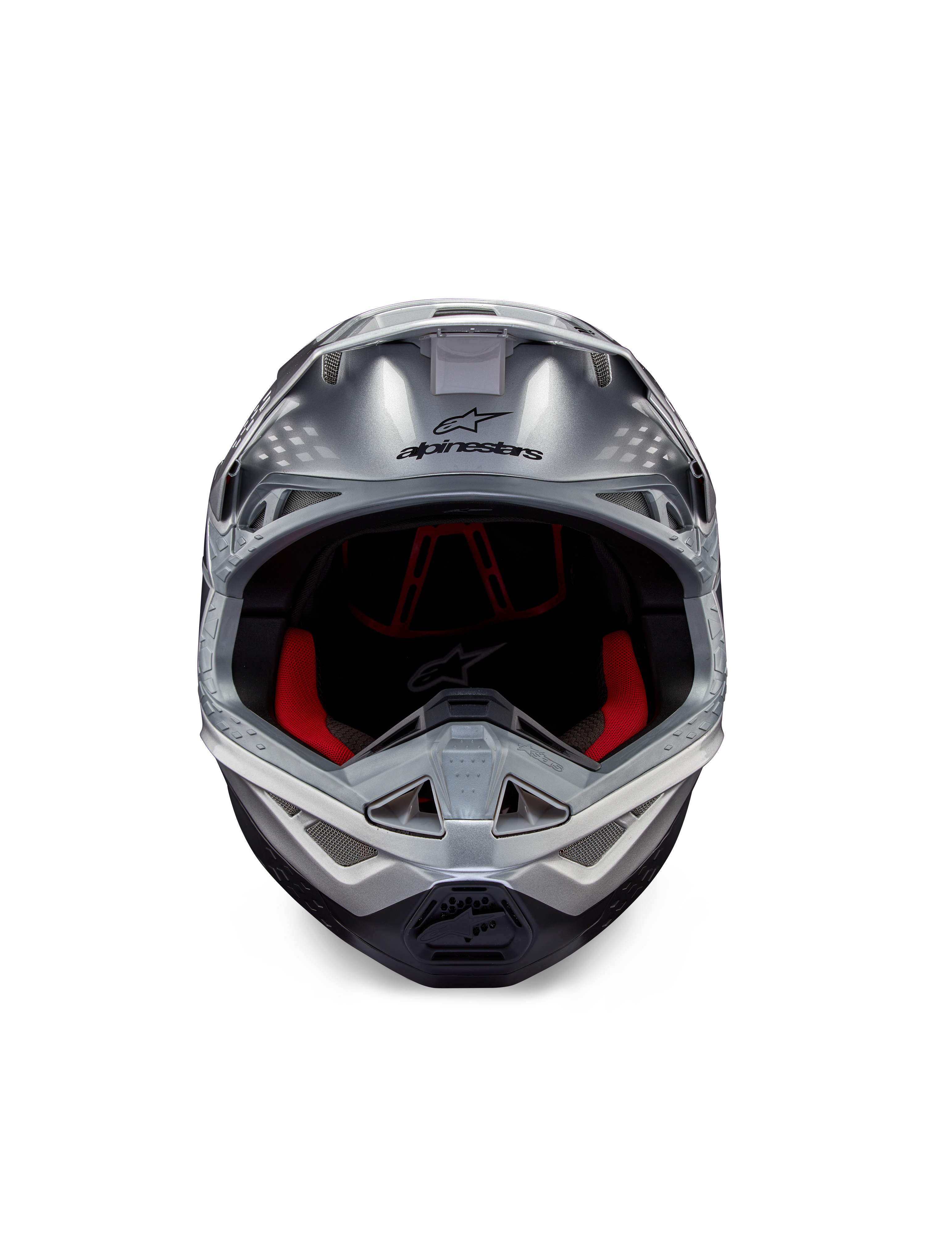 Alpinestars Supertech M10 Flood ECE 22.06 Helmet, Motocross Helmet, Silver Black and Orange Fluo, front view featuring an aerodynamic shell, wide eye port with red interior padding, black Alpinestars logo, and ventilated chin bar for off-road racing