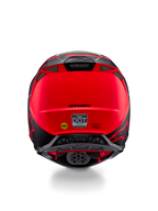 Alpinestars Supertech M10 Flood Helmet, Rear View, Silver Black and Fluorescent Orange Matte, featuring integrated exhaust vents, DOT and ECE certification stickers, yellow Mips logo, and sleek aerodynamic profile for motocross racing