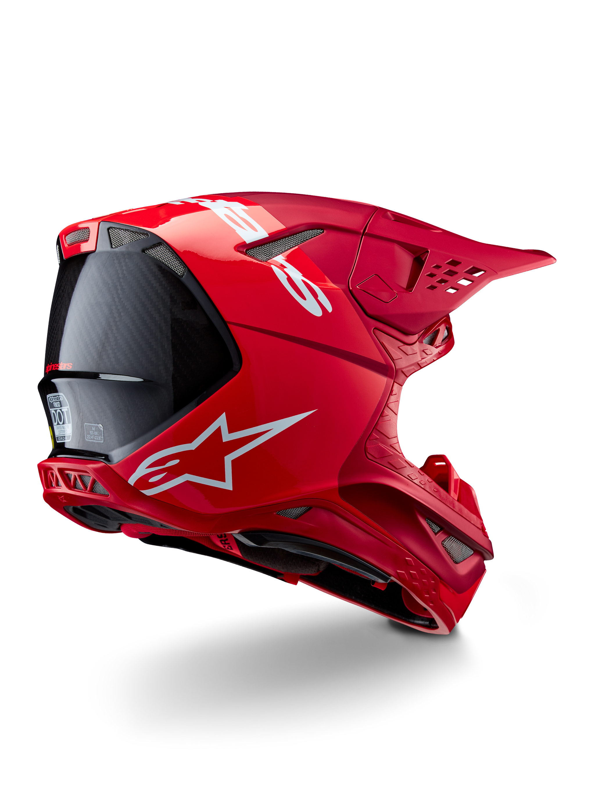 Capacete Alpinestars Supertech M10 Flood, capacete de motocross, vermelho e vermelho fluo, acabamento mate e brilhante, vista de perfil traseiro com logótipo Alpinestars branco e pormenores em fibra de carbono, design aerodinâmico com múltiplas aberturas de ventilação, proteção de cabeça de alta performance para off-road