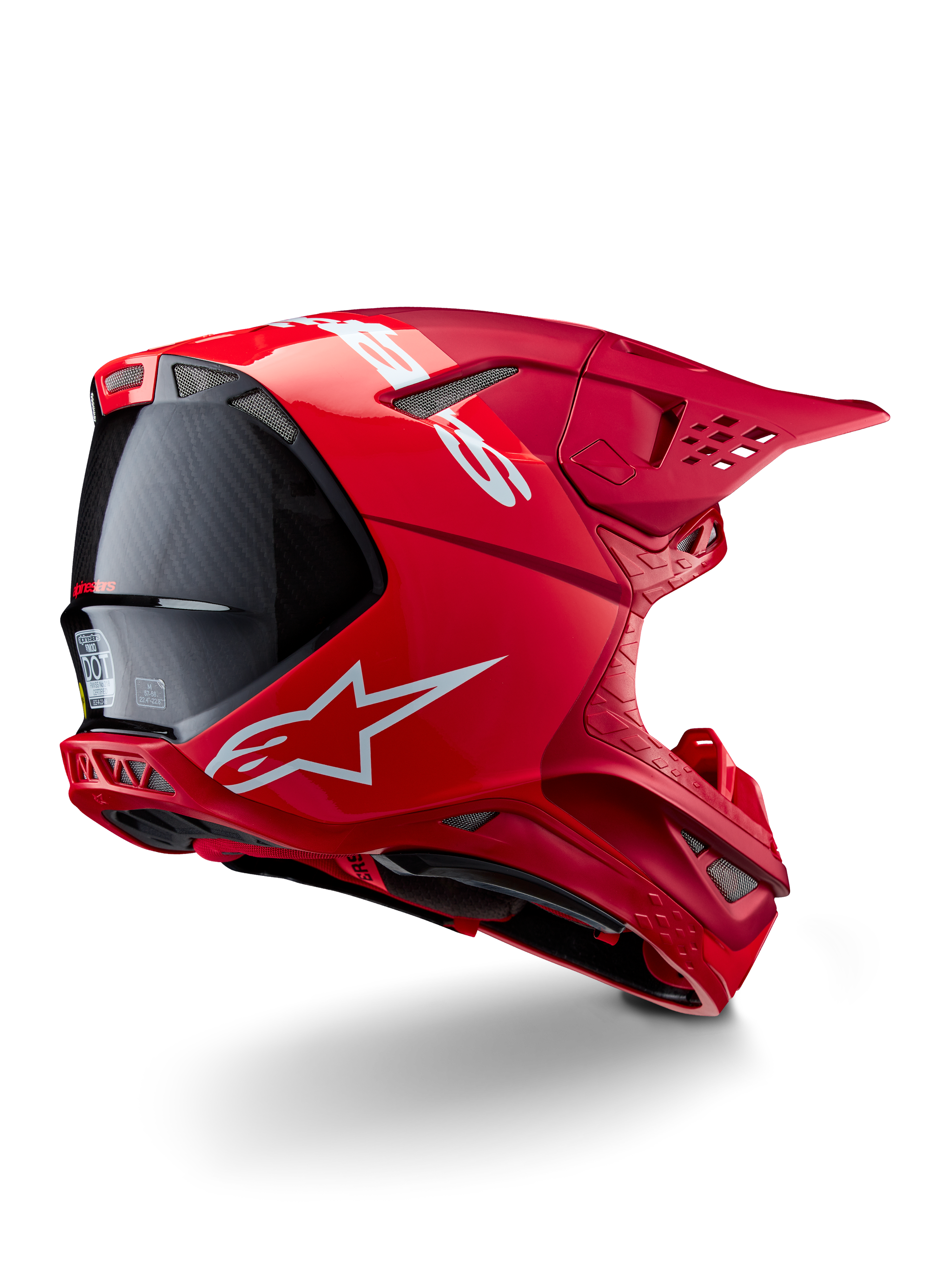 Capacete Alpinestars Supertech M10 Flood, capacete de motocross, vermelho e vermelho fluo, acabamento mate e brilhante, vista de perfil traseiro com logótipo Alpinestars branco e pormenores em fibra de carbono, design aerodinâmico com múltiplas aberturas de ventilação, proteção de cabeça de alta performance para off-road