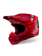 Capacete Alpinestars Supertech M10 Flood, capacete de motocross, vermelho e vermelho fluo mate e brilhante, com logótipos Alpinestars brancos, perfil aerodinâmico com múltiplas aberturas de ventilação, calota leve em compósito de carbono para competição off-road