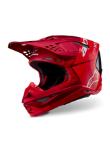 Capacete Alpinestars Supertech M10 Flood, capacete de motocross, vermelho e vermelho fluo mate e brilhante, com logótipos Alpinestars brancos, perfil aerodinâmico com múltiplas aberturas de ventilação, calota leve em compósito de carbono para competição off-road