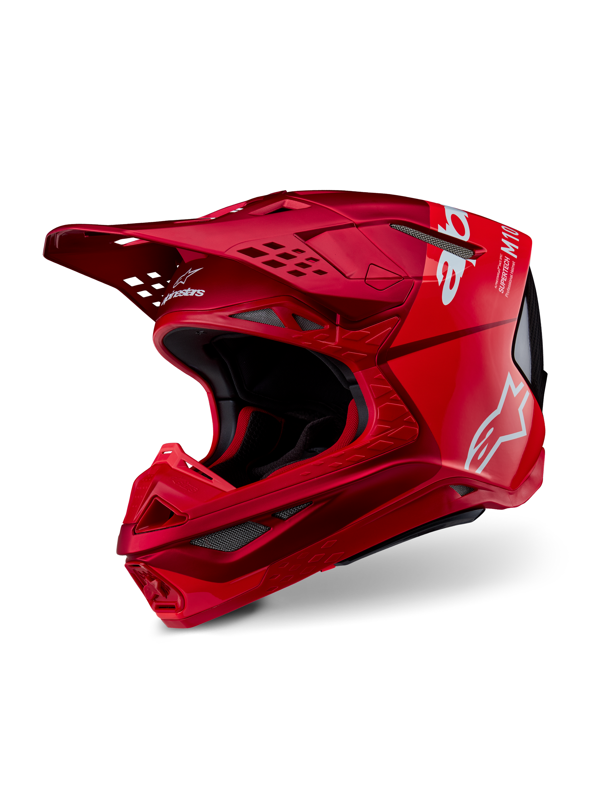 Capacete Alpinestars Supertech M10 Flood, capacete de motocross, vermelho e vermelho fluo mate e brilhante, com logótipos Alpinestars brancos, perfil aerodinâmico com múltiplas aberturas de ventilação, calota leve em compósito de carbono para competição off-road
