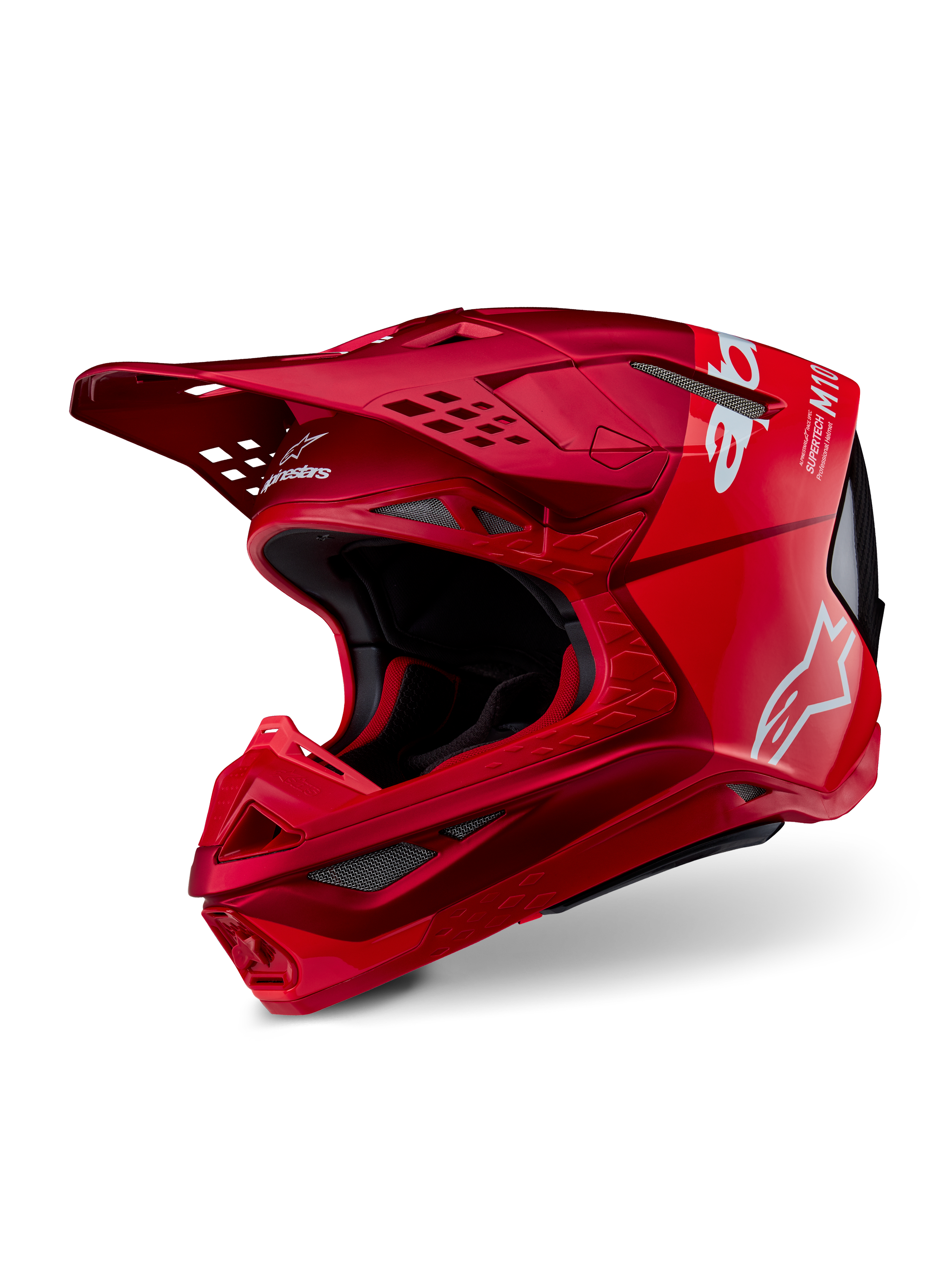 Capacete Alpinestars Supertech M10 Flood, capacete de motocross, vermelho e vermelho fluo mate e brilhante, com logótipos Alpinestars brancos, perfil aerodinâmico com múltiplas aberturas de ventilação, calota leve em compósito de carbono para competição off-road