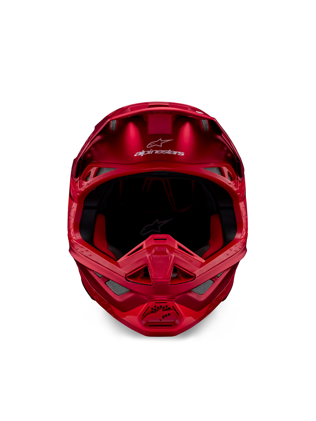 Capacete Alpinestars Supertech M10 Flood, capacete de motocross, Vermelho Fluo e Vermelho Mate/Brilhante, vista frontal que mostra o perfil aerodinâmico com múltiplas aberturas de ventilação, logótipo Alpinestars na testa e forro interior vermelho, equipamento de corrida off-road profissional