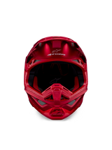 Capacete Alpinestars Supertech M10 Flood, capacete de motocross, Vermelho Fluo e Vermelho Mate/Brilhante, vista frontal que mostra o perfil aerodinâmico com múltiplas aberturas de ventilação, logótipo Alpinestars na testa e forro interior vermelho, equipamento de corrida off-road profissional