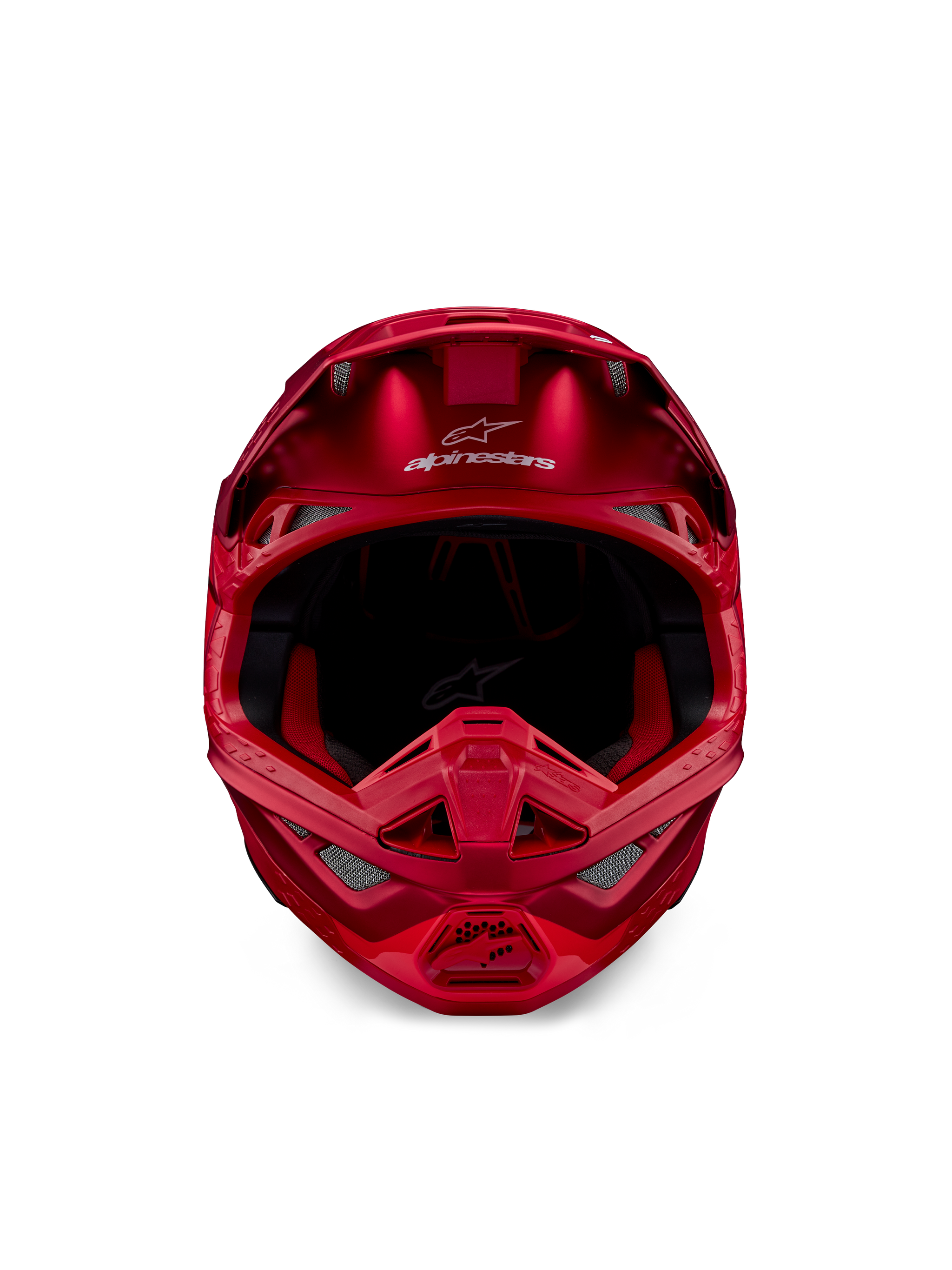 Capacete Alpinestars Supertech M10 Flood, capacete de motocross, Vermelho Fluo e Vermelho Mate/Brilhante, vista frontal que mostra o perfil aerodinâmico com múltiplas aberturas de ventilação, logótipo Alpinestars na testa e forro interior vermelho, equipamento de corrida off-road profissional
