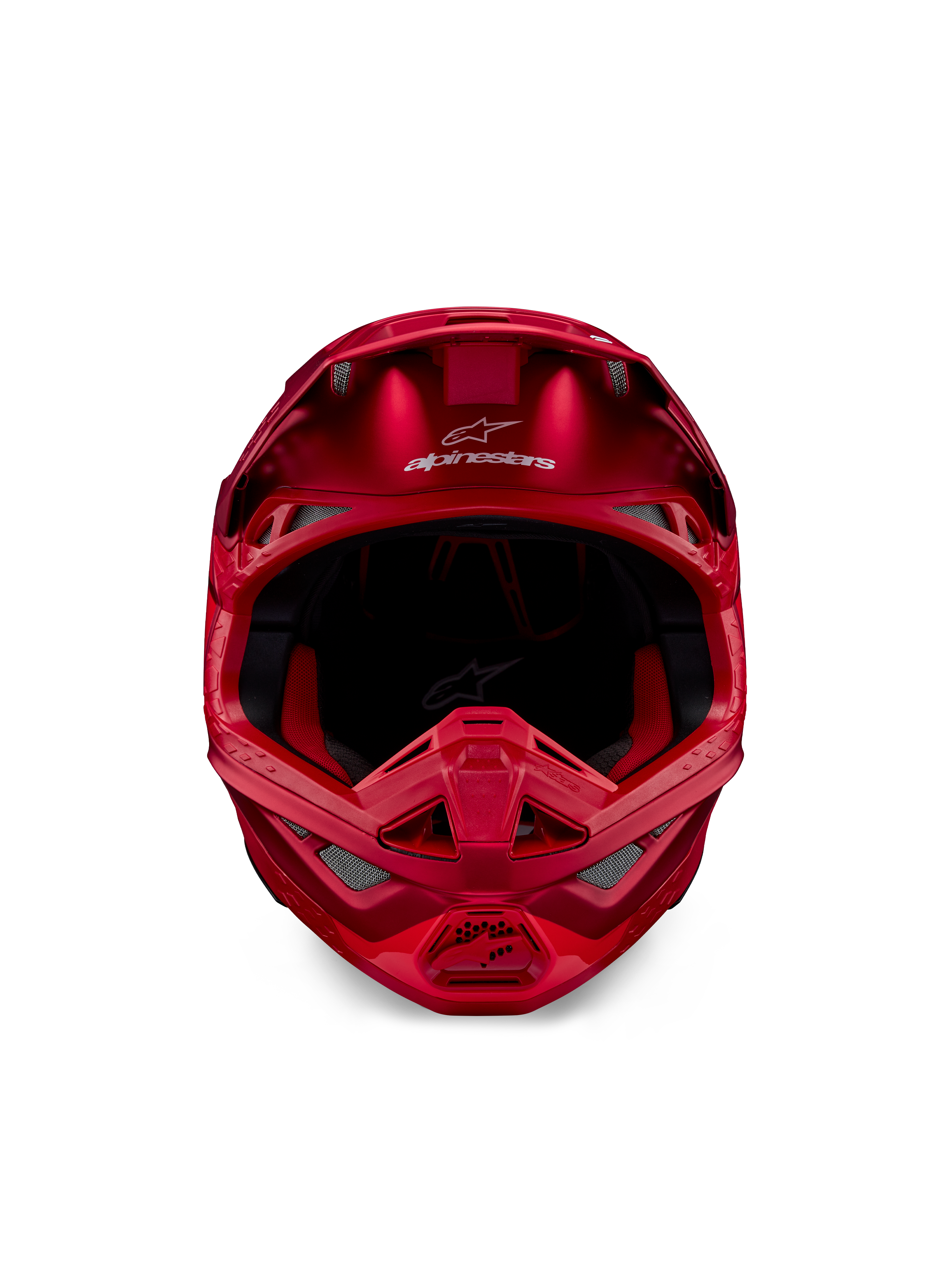 Capacete Alpinestars Supertech M10 Flood, capacete de motocross, Vermelho Fluo e Vermelho Mate/Brilhante, vista frontal que mostra o perfil aerodinâmico com múltiplas aberturas de ventilação, logótipo Alpinestars na testa e forro interior vermelho, equipamento de corrida off-road profissional