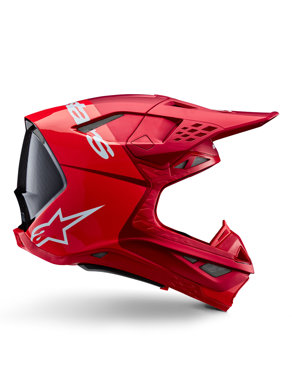 Capacete Alpinestars Supertech M10 Flood, capacete de motocross, Vermelho Fluo Red Mate e Brilhante, vista de perfil lateral com logótipos brancos, múltiplas aberturas de ventilação cobertas por rede e design aerodinâmico de competição off-road