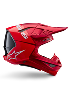 Capacete Alpinestars Supertech M10 Flood, capacete de motocross, Vermelho Fluo Red Mate e Brilhante, vista de perfil lateral com logótipos brancos, múltiplas aberturas de ventilação cobertas por rede e design aerodinâmico de competição off-road