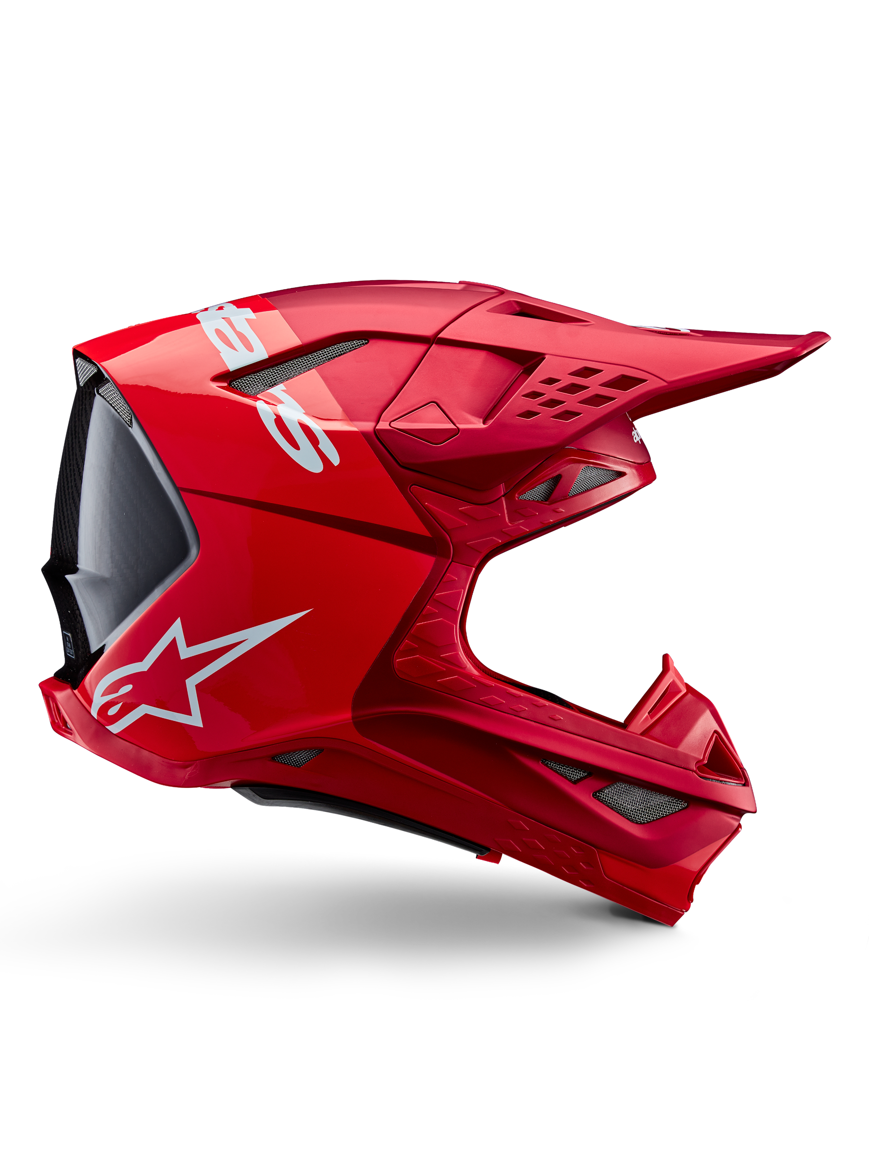 Capacete Alpinestars Supertech M10 Flood, capacete de motocross, Vermelho Fluo Red Mate e Brilhante, vista de perfil lateral com logótipos brancos, múltiplas aberturas de ventilação cobertas por rede e design aerodinâmico de competição off-road