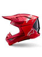 Capacete Alpinestars Supertech M10 Flood ECE 22.06, capacete de motocross, vermelho e vermelho fluo com acabamento mate e brilhante, vista de perfil lateral realçando o design aerodinâmico da calota, múltiplas aberturas de ventilação e logótipo Alpinestars em branco