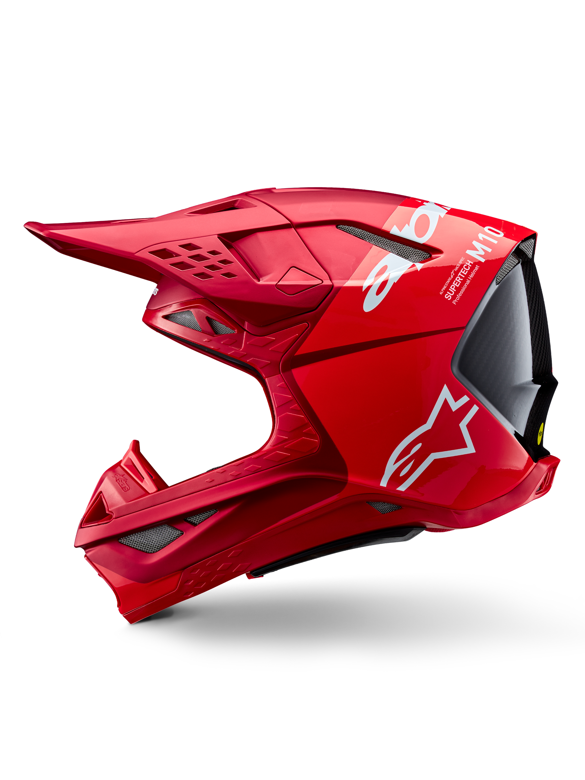 Capacete Alpinestars Supertech M10 Flood ECE 22.06, capacete de motocross, vermelho e vermelho fluo com acabamento mate e brilhante, vista de perfil lateral realçando o design aerodinâmico da calota, múltiplas aberturas de ventilação e logótipo Alpinestars em branco
