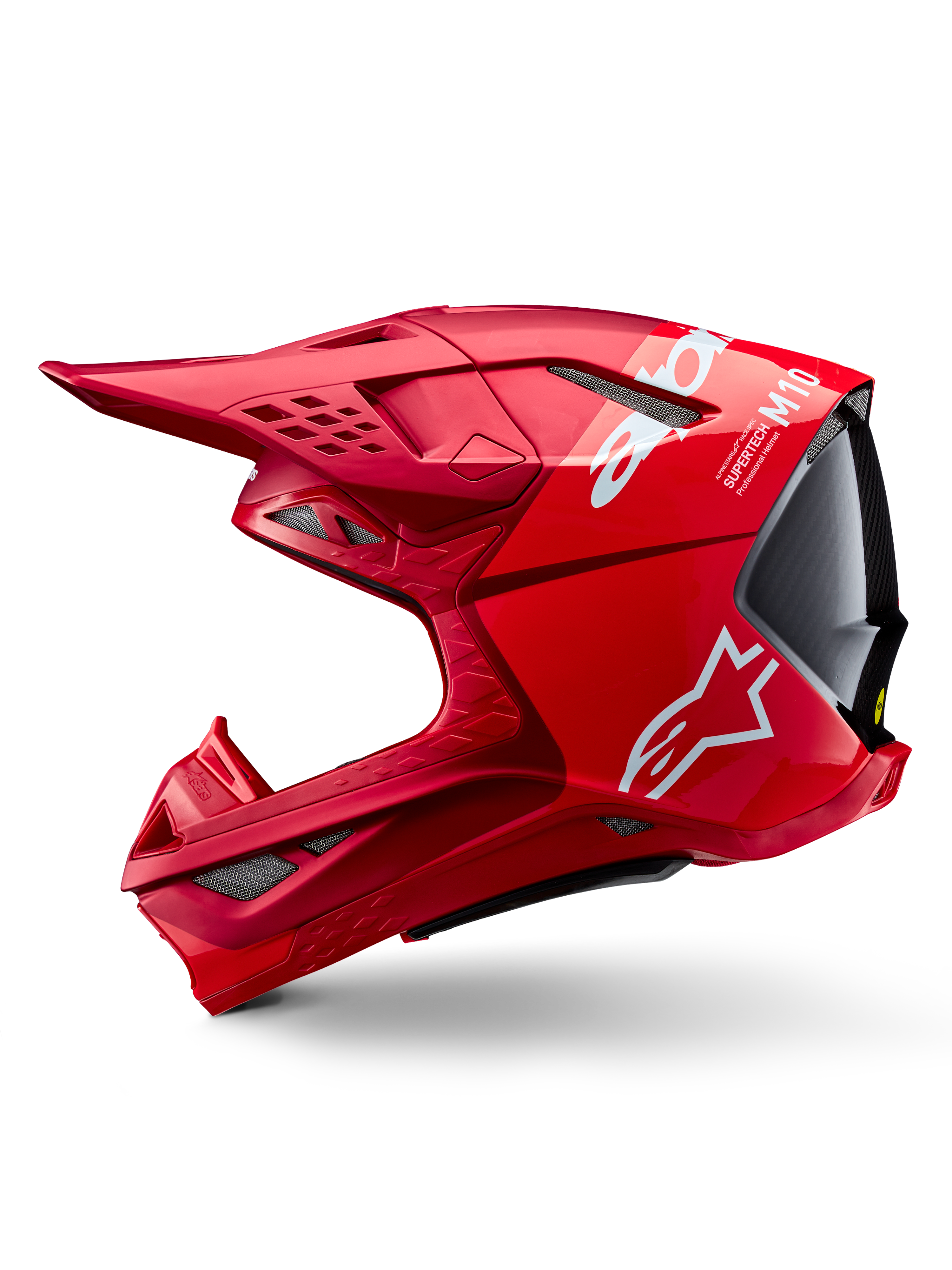 Capacete Alpinestars Supertech M10 Flood ECE 22.06, capacete de motocross, vermelho e vermelho fluo com acabamento mate e brilhante, vista de perfil lateral realçando o design aerodinâmico da calota, múltiplas aberturas de ventilação e logótipo Alpinestars em branco