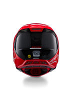 Alpinestars Supertech M10 Flood ECE 22.06 Helmet, vista traseira, vermelho fluo mate e brilhante, capacete de motocross com textura de fibra de carbono visível, autocolantes de certificação MIPS e DOT e aberturas de ventilação aerodinâmicas.
