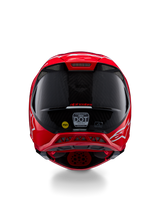 Alpinestars Supertech M10 Flood ECE 22.06 Helmet, vista traseira, vermelho fluo mate e brilhante, capacete de motocross com textura de fibra de carbono visível, autocolantes de certificação MIPS e DOT e aberturas de ventilação aerodinâmicas.