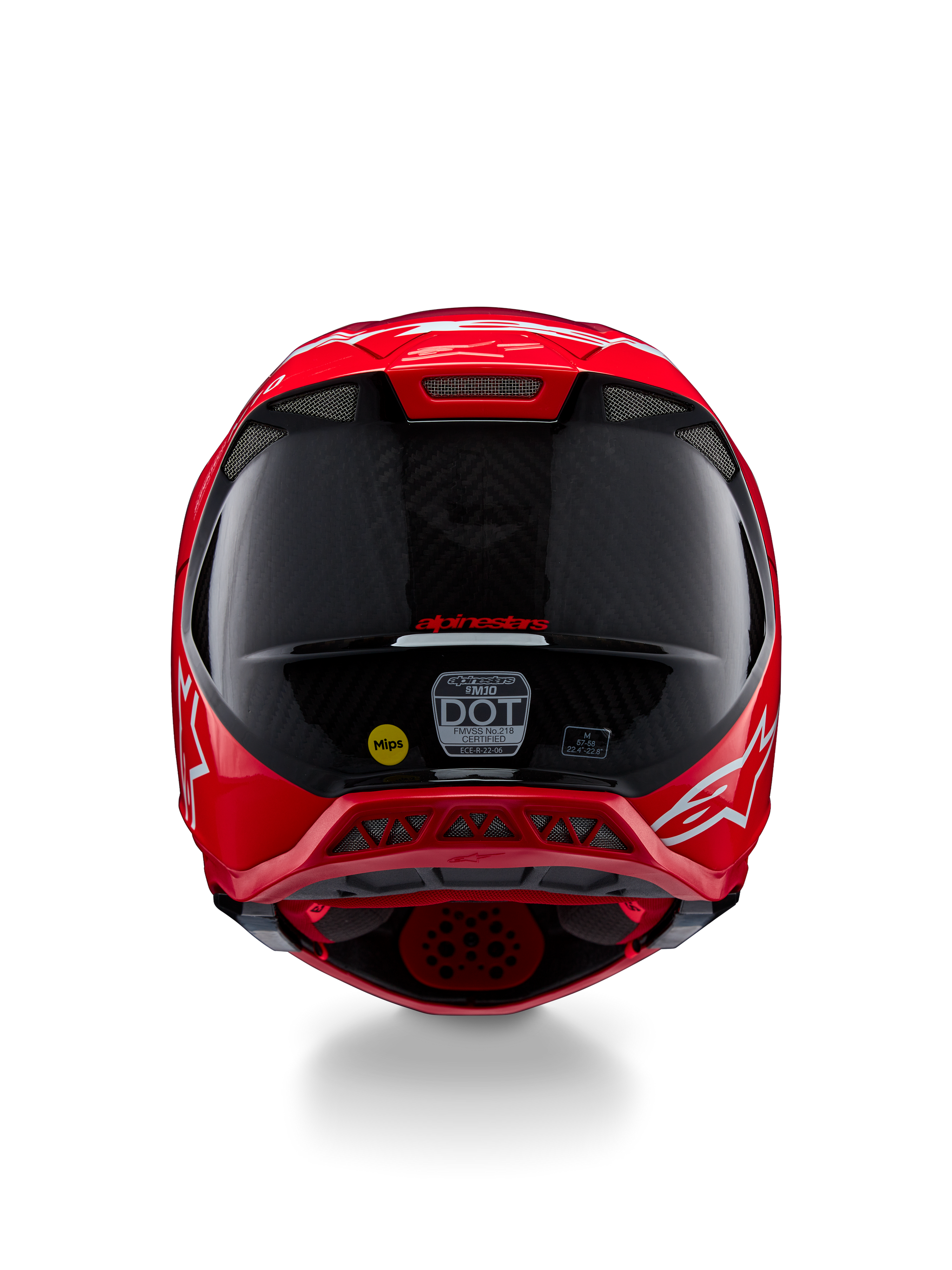 Alpinestars Supertech M10 Flood ECE 22.06 Helmet, vista traseira, vermelho fluo mate e brilhante, capacete de motocross com textura de fibra de carbono visível, autocolantes de certificação MIPS e DOT e aberturas de ventilação aerodinâmicas.