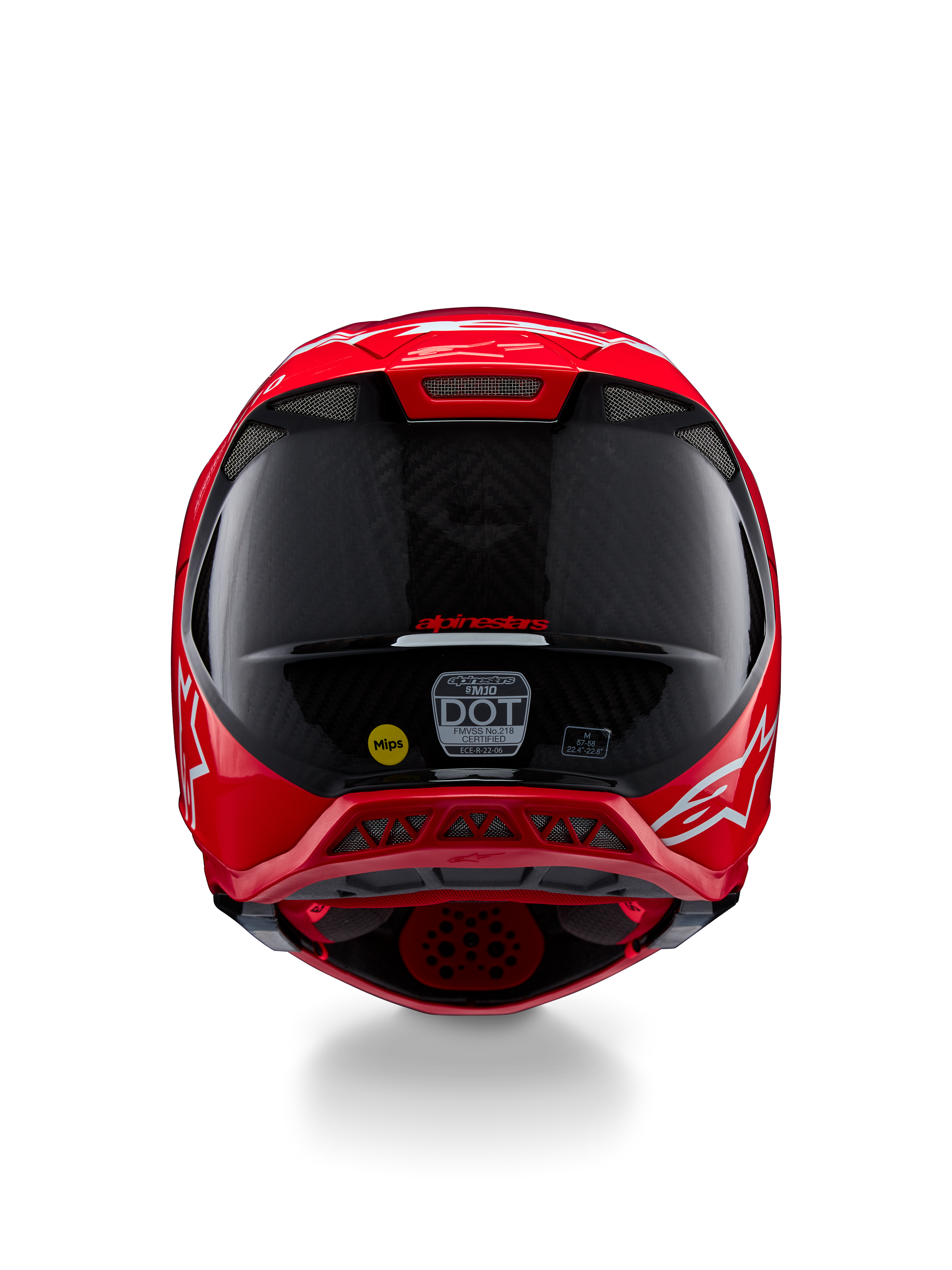 Alpinestars Supertech M10 Flood ECE 22.06 Helmet, vista traseira, vermelho fluo mate e brilhante, capacete de motocross com textura de fibra de carbono visível, autocolantes de certificação MIPS e DOT e aberturas de ventilação aerodinâmicas.