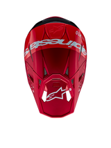 Capacete Alpinestars Supertech M10 Flood, capacete de motocross, vermelho e vermelho fluo com acabamento mate e brilhante, perspetiva superior mostrando a marca e o logótipo Alpinestars em destaque, calota aerodinâmica avançada com aberturas de ventilação integradas para corridas off-road