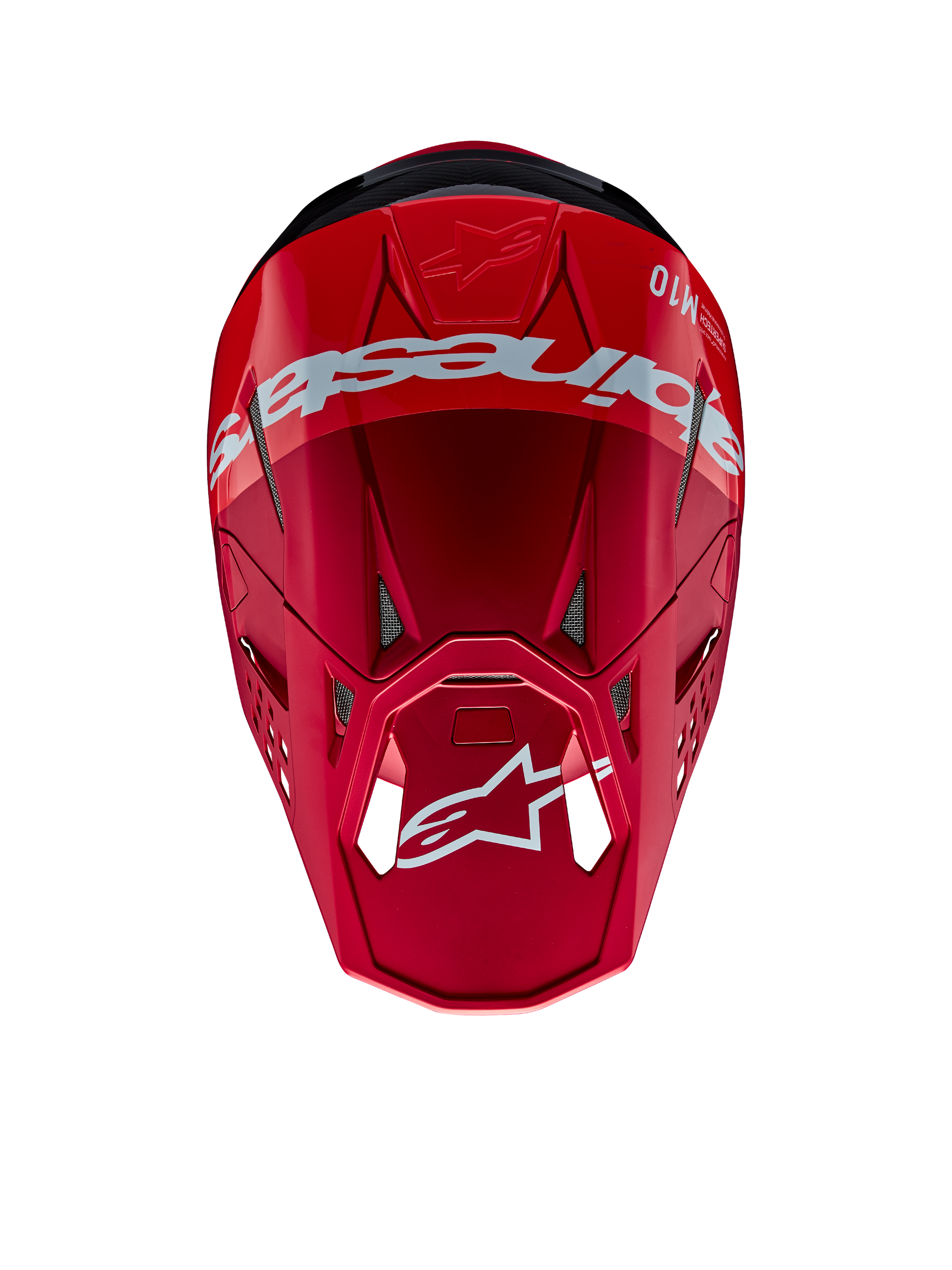 Capacete Alpinestars Supertech M10 Flood, capacete de motocross, vermelho e vermelho fluo com acabamento mate e brilhante, perspetiva superior mostrando a marca e o logótipo Alpinestars em destaque, calota aerodinâmica avançada com aberturas de ventilação integradas para corridas off-road