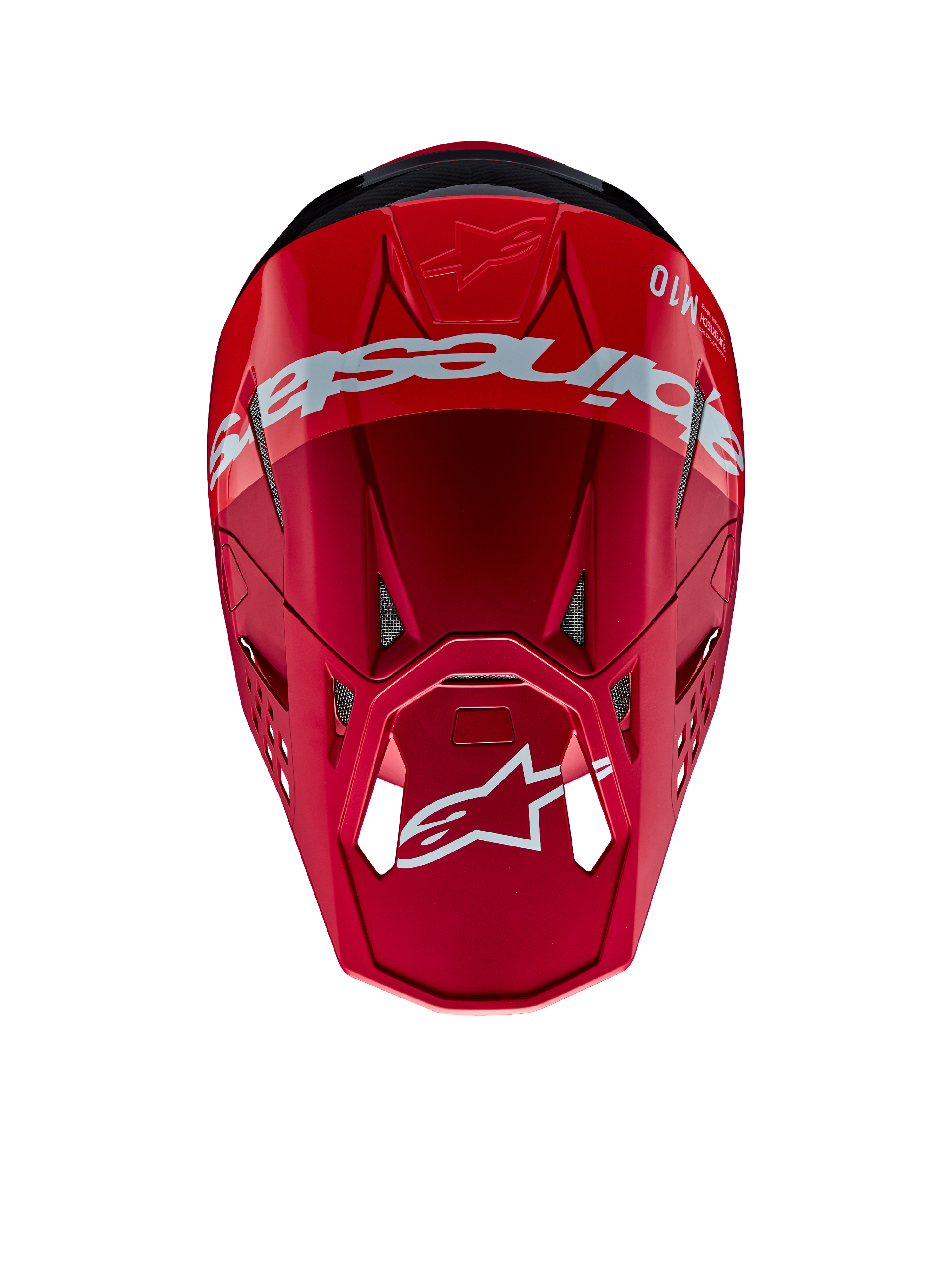 Capacete Alpinestars Supertech M10 Flood, capacete de motocross, vermelho e vermelho fluo com acabamento mate e brilhante, perspetiva superior mostrando a marca e o logótipo Alpinestars em destaque, calota aerodinâmica avançada com aberturas de ventilação integradas para corridas off-road