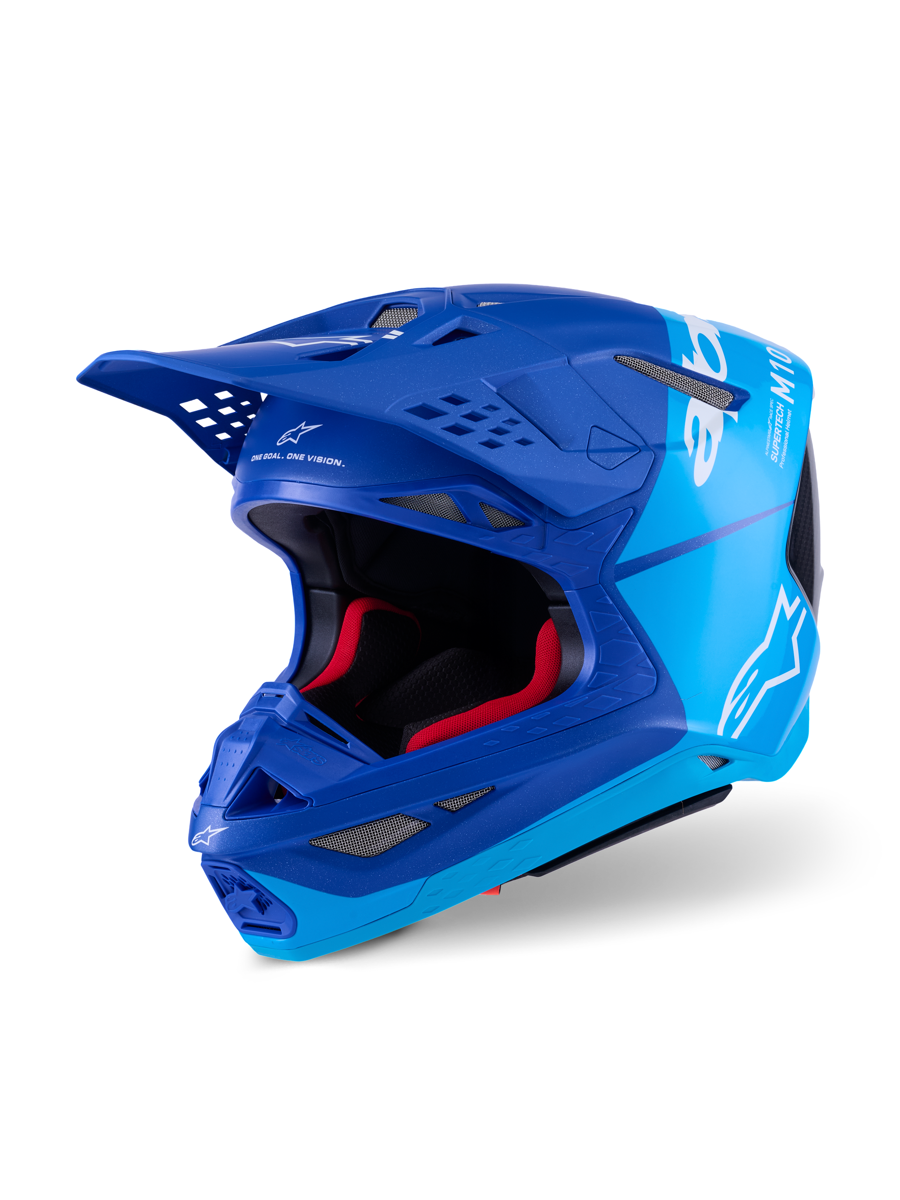 Capacete Alpinestars Supertech M10 Flood, capacete de motocross, azul metalizado e azul médio com detalhes em fibra de carbono preta, com logótipos brancos e marca M10, múltiplas aberturas de ventilação e acolchoamento interior vermelho, concebido para desempenho profissional de todo-o-terreno