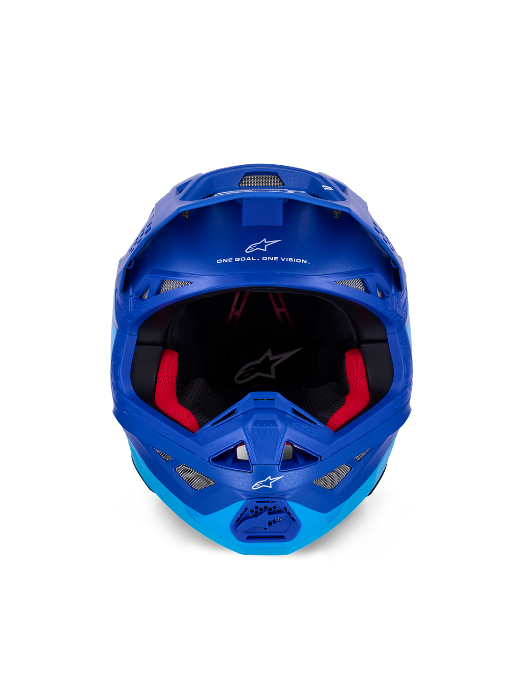 Alpinestars Supertech M10 Flood Helmet ECE, capacete de motocross, azul metálico e azul médio com detalhes em carbono preto, vista frontal mostrando a queixeira e a abertura para os olhos, logótipos e texto Alpinestars a branco, forro interior vermelho, proteção profissional para off-road