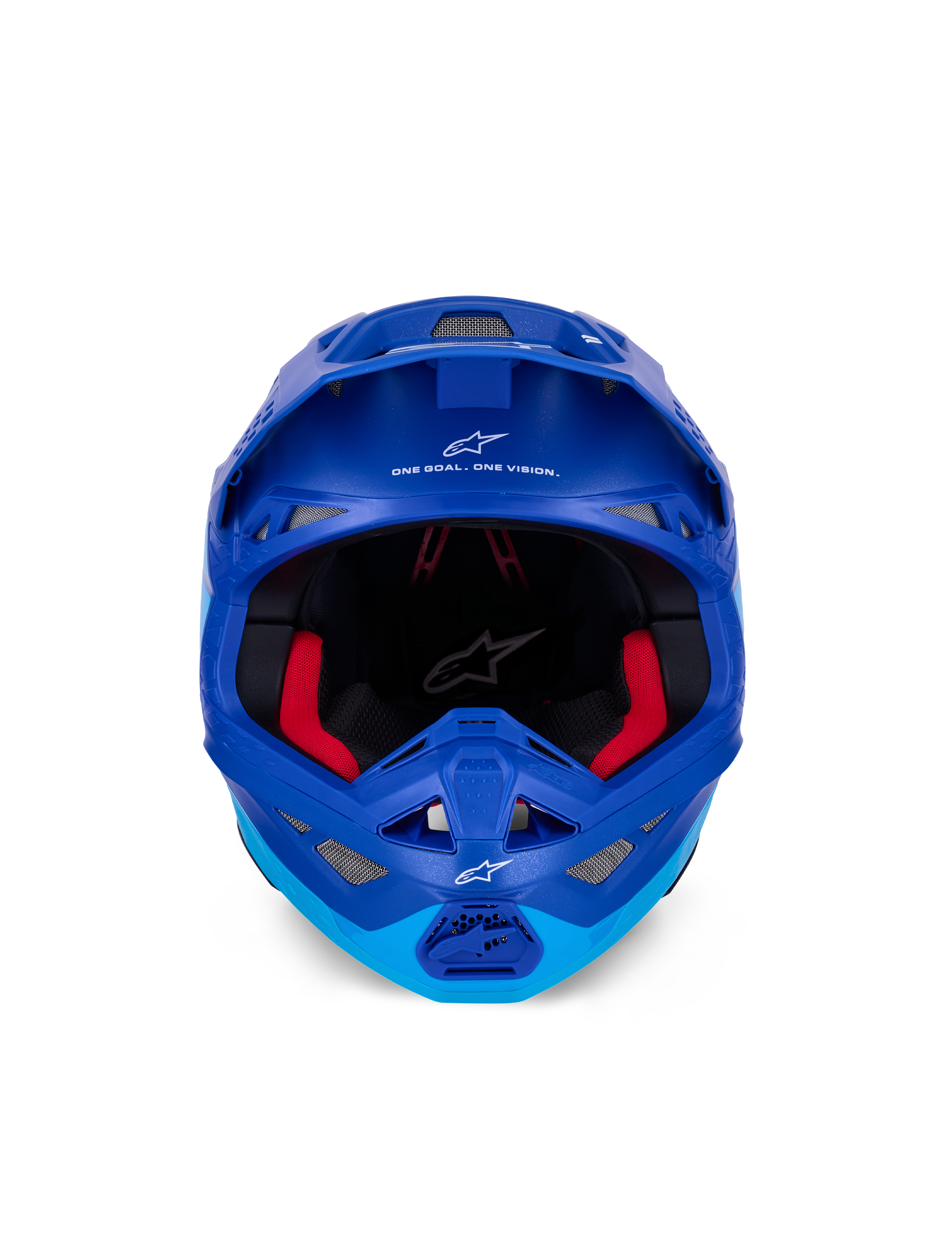 Alpinestars Supertech M10 Flood Helmet ECE, capacete de motocross, azul metálico e azul médio com detalhes em carbono preto, vista frontal mostrando a queixeira e a abertura para os olhos, logótipos e texto Alpinestars a branco, forro interior vermelho, proteção profissional para off-road