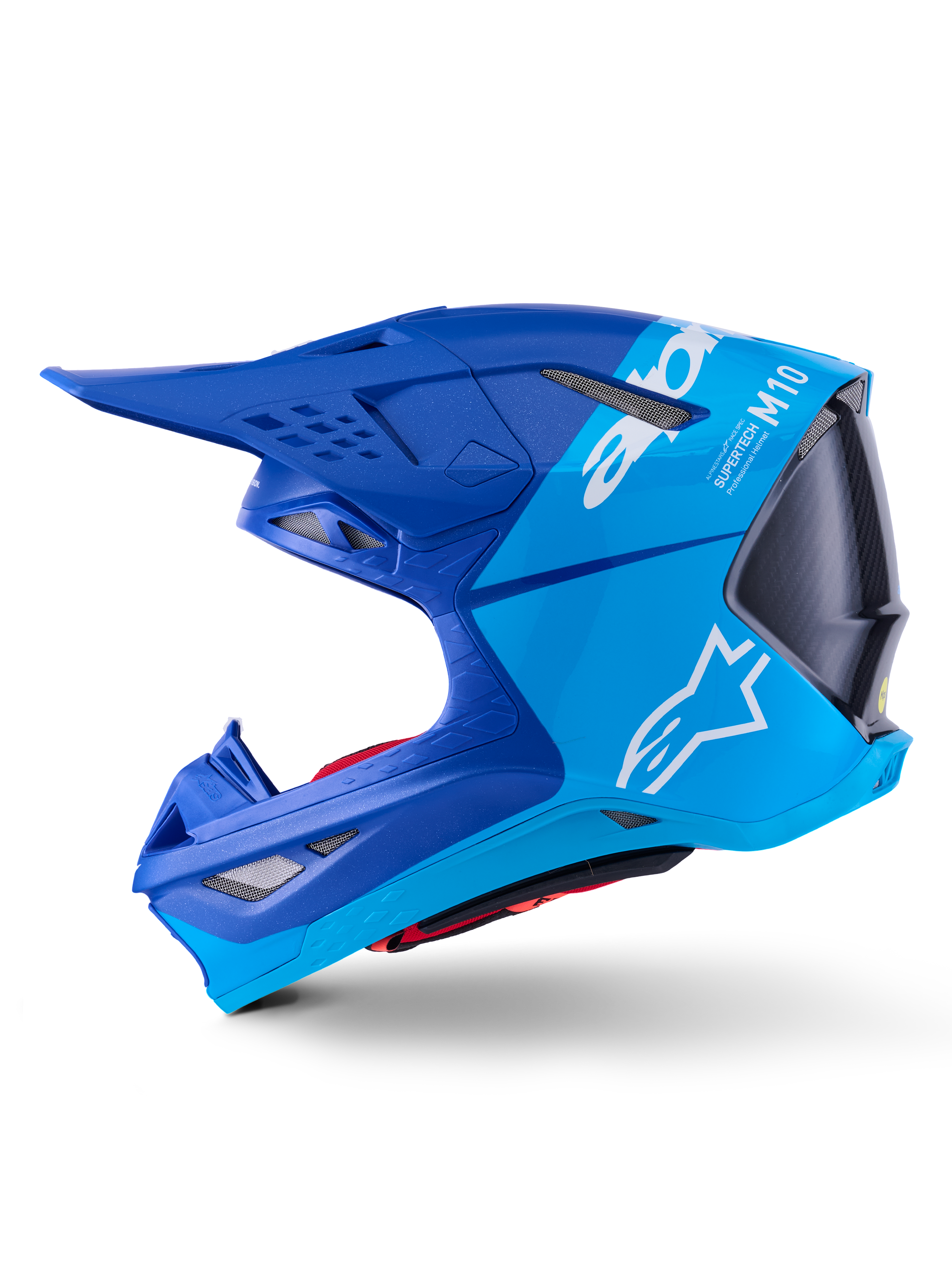 Capacete Alpinestars Supertech M10 Flood, capacete de motocross, azul metálico e azul médio com carbono preto, vista de perfil lateral mostrando acabamentos mate e brilhante, logótipo Alpinestars branco e marca Supertech M10, proteção de cabeça avançada para competição off-road
