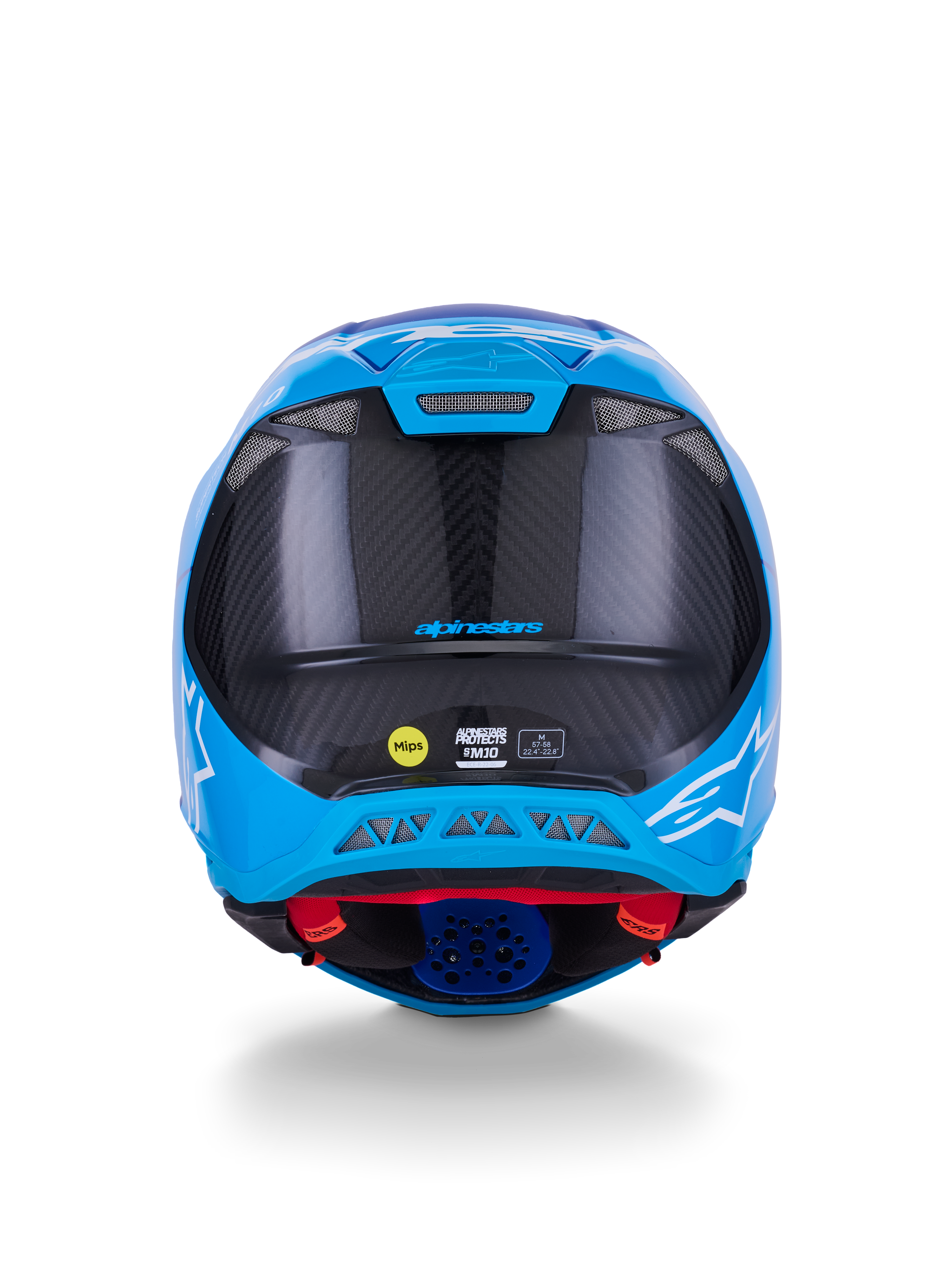Capacete Alpinestars Supertech M10 Flood, capacete de motocross, azul metálico e azul médio com fibra de carbono preta, vista traseira exibindo a textura de carbono 3K, logótipos de estrela brancos, autocolante MIPS e saídas de ventilação