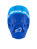Capacete Alpinestars Supertech M10 Flood, capacete de motocross, azul escuro e azul claro, vista superior com marca Alpinestars em branco e aberturas de ventilação, acabamento mate, capacete de corrida profissional todo-o-terreno