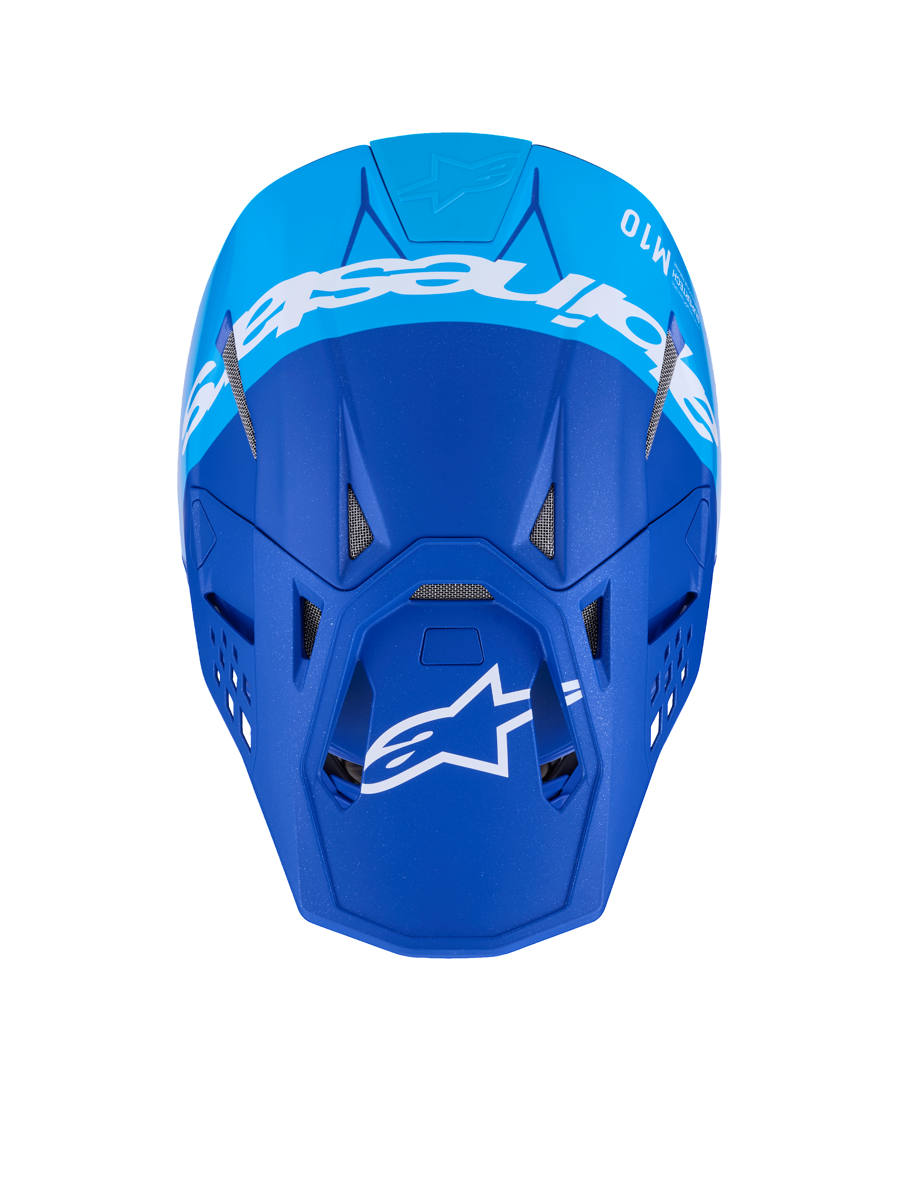 Capacete Alpinestars Supertech M10 Flood, capacete de motocross, azul escuro e azul claro, vista superior com marca Alpinestars em branco e aberturas de ventilação, acabamento mate, capacete de corrida profissional todo-o-terreno
