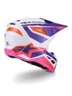 Alpinestars S-M3 Heat Helmet ECE 22.06, Motocross Helmet, White with Purple Pink and Orange accents, rear side view showing ventilation ports and bold star logo, glossy finish for off-road performance