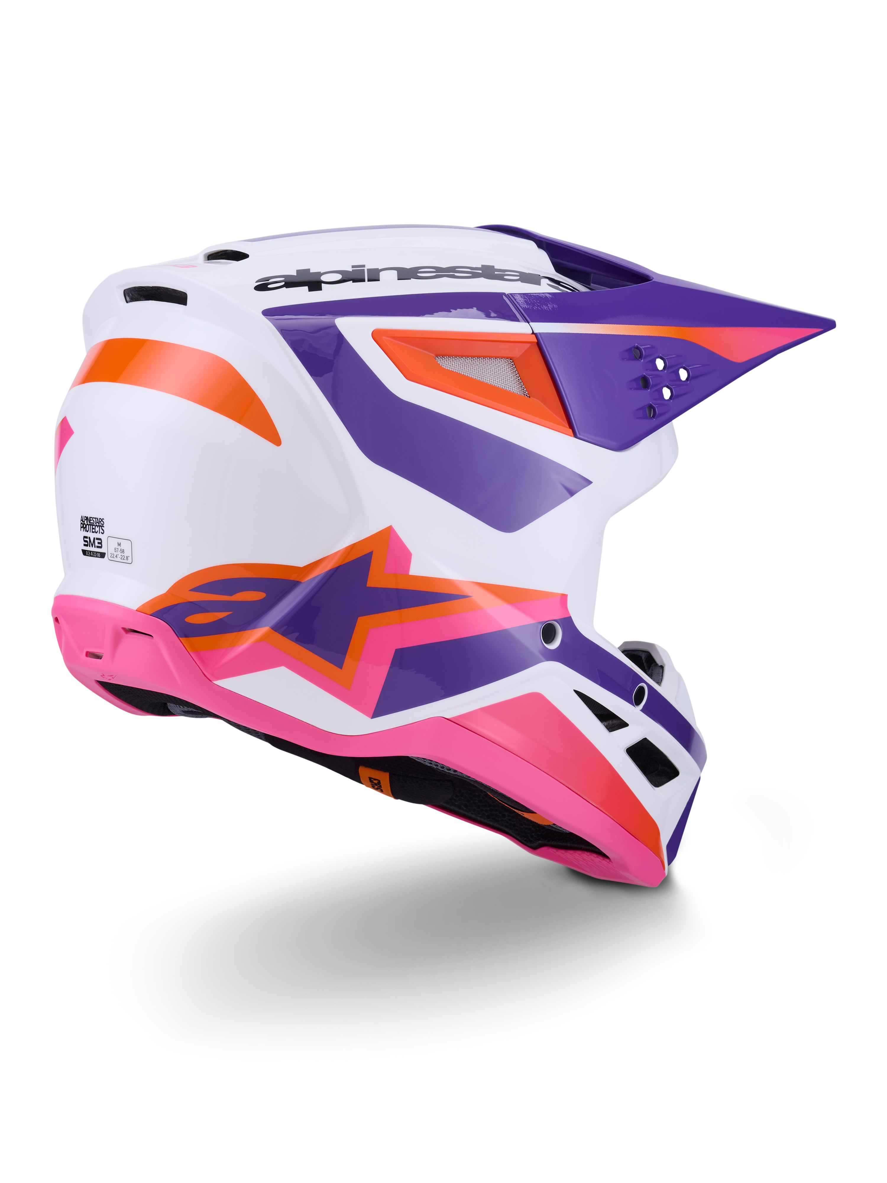 Alpinestars S-M3 Heat Helmet ECE 22.06, Motocross Helmet, White with Purple Pink and Orange accents, rear side view showing ventilation ports and bold star logo, glossy finish for off-road performance