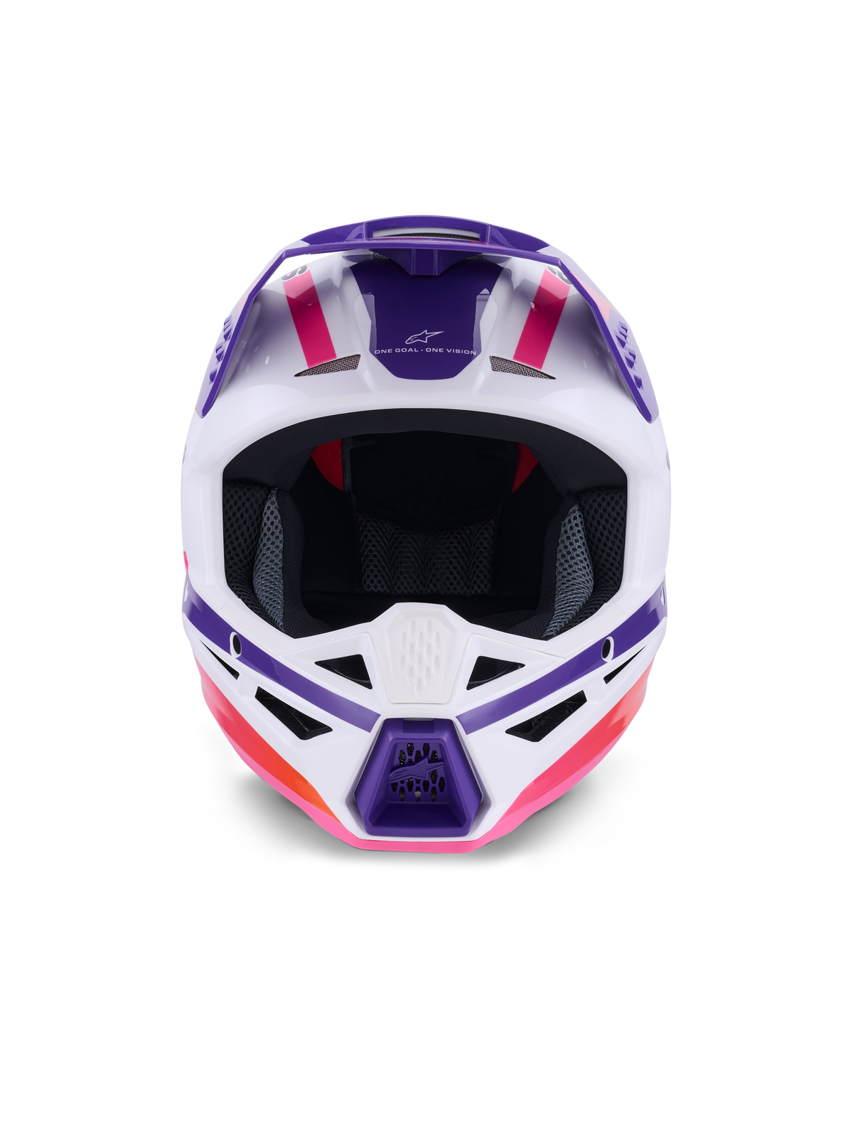 Alpinestars S-M3 Heat Helmet ECE 22.06, capacete de motocross, branco, roxo e rosa brilhante, vista frontal com aberturas de ventilação e gráficos geométricos arrojados, proteção de cabeça profissional para corridas todo-o-terreno