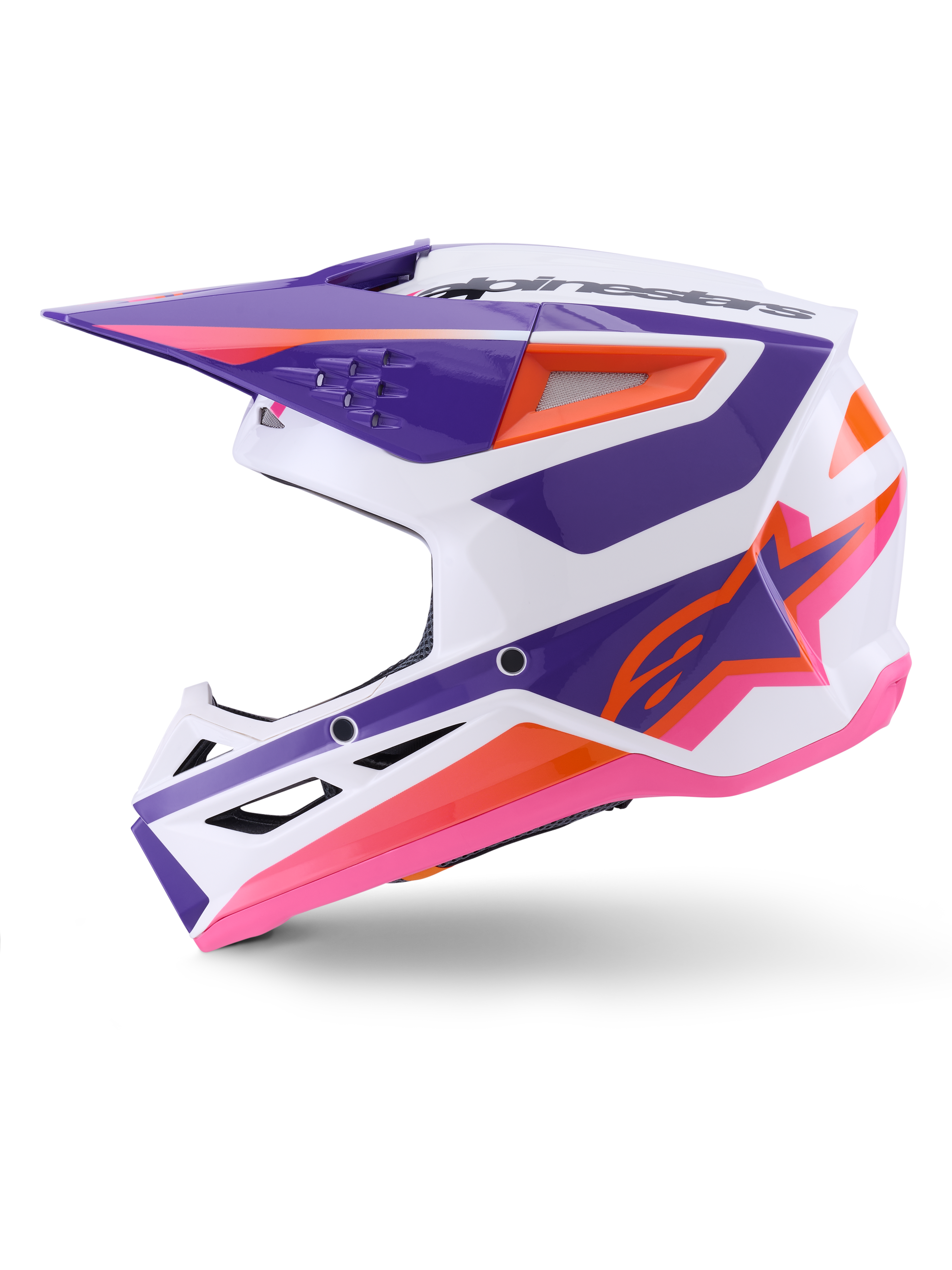 Alpinestars S-M3 Heat Helmet ECE 22.06, Motocross Helmet, White Purple and Pink Glossy with orange accents, side profile showing angular graphic design, ventilation inlets, and glossy finish for off-road racing
