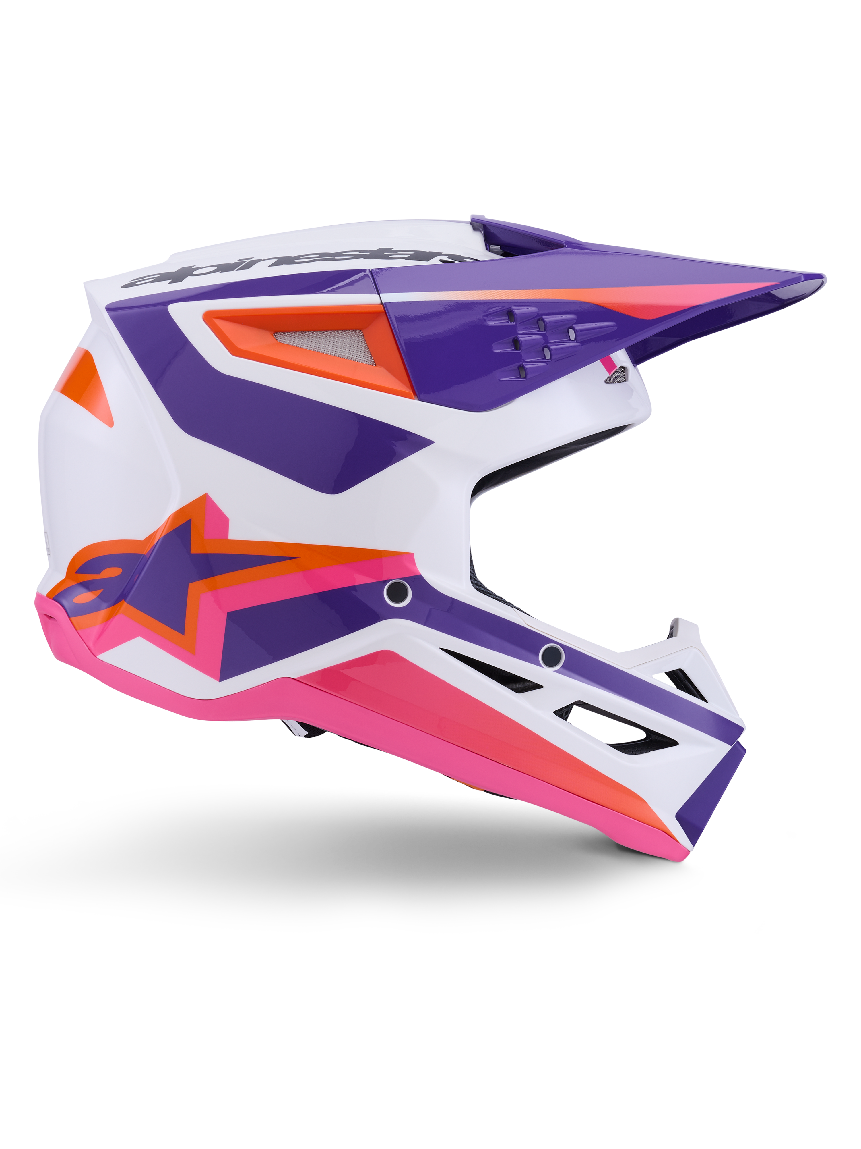 Alpinestars S-M3 Heat Helmet ECE 22.06, Motocross Helmet, White Purple Pink Glossy, featuring vibrant purple and pink graphics with orange accents, side view showing the Astar logo and ventilated design for off-road racing