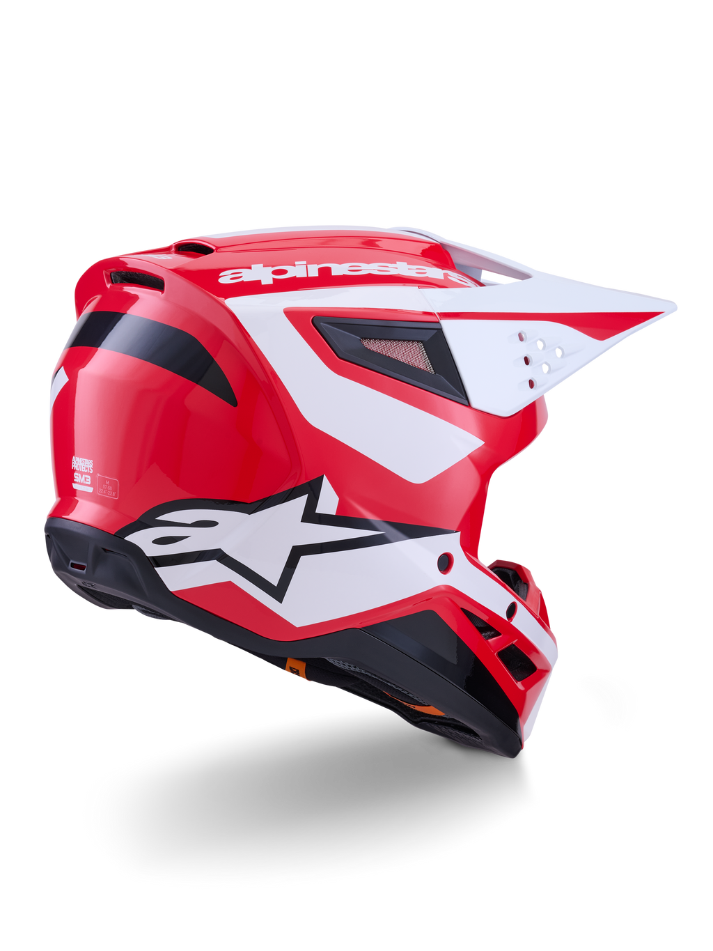 Alpinestars S-M3 Heat, capacete de motocross, vermelho, branco e preto brilhante, certificado ECE 22.06, vista traseira.