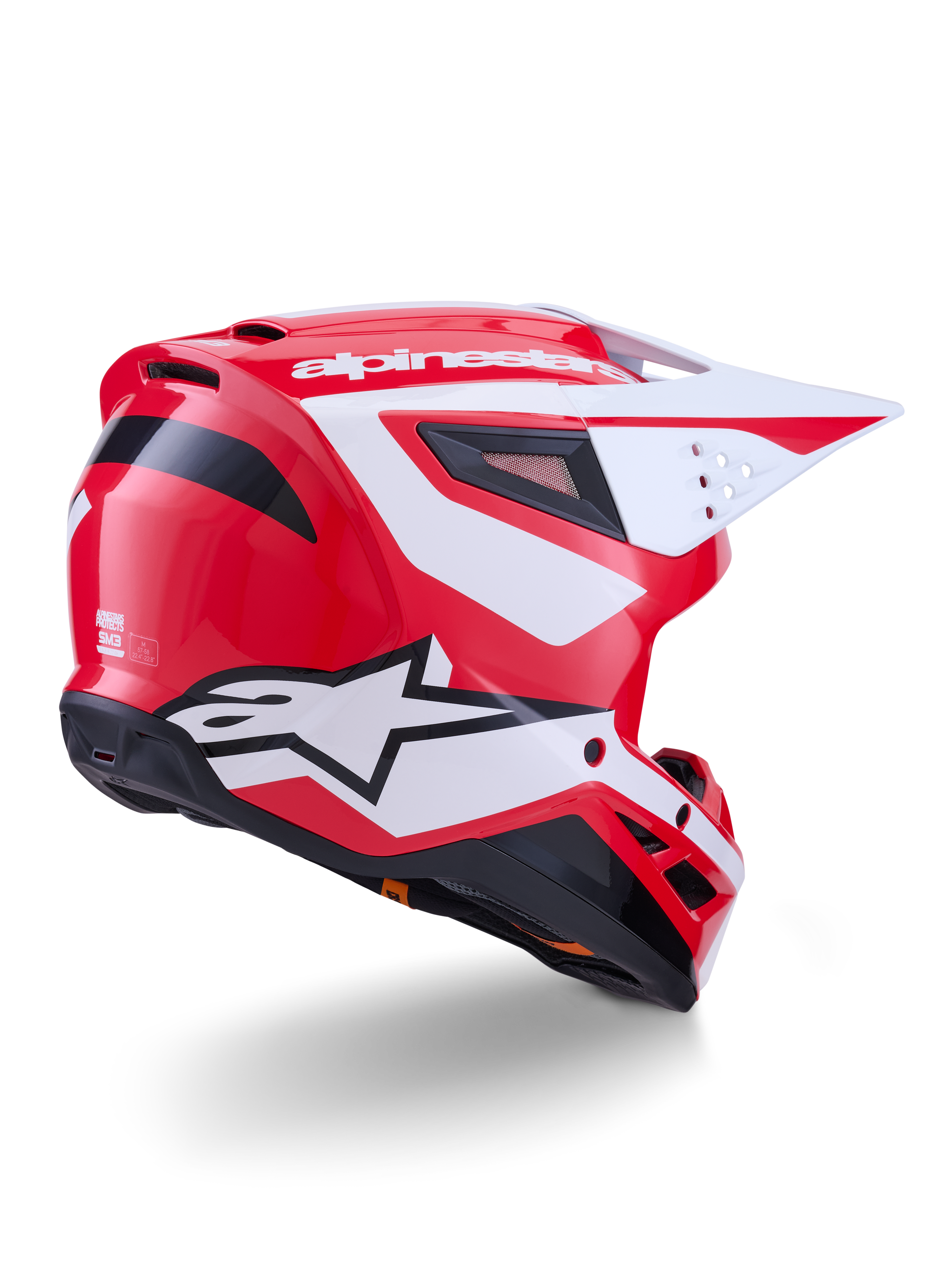 Alpinestars S-M3 Heat, capacete de motocross, vermelho, branco e preto brilhante, certificado ECE 22.06, vista traseira.