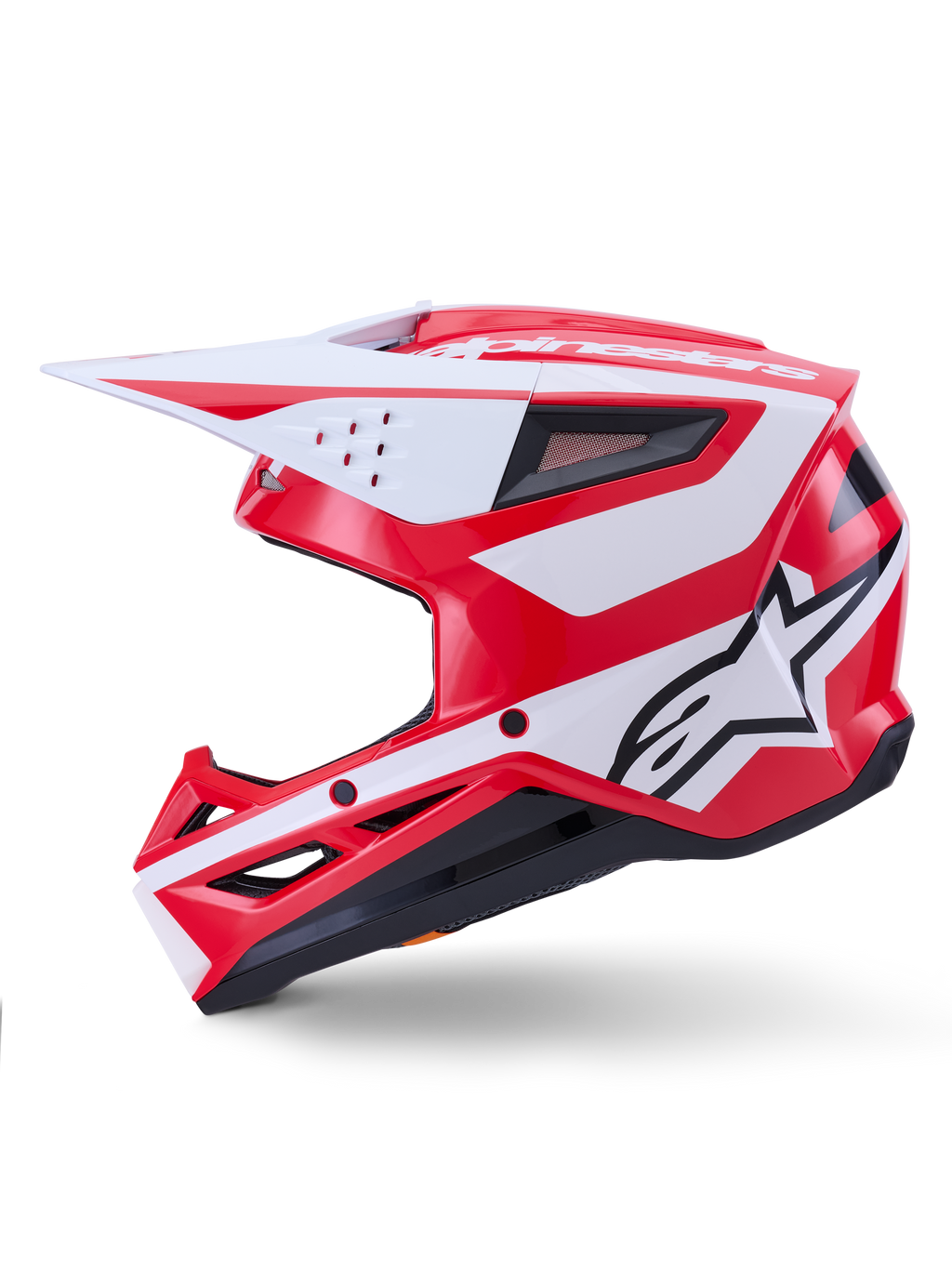 Alpinestars S-M3 Heat Helmet, capacete de motocross vermelho e branco brilhante, certificado ECE, vista de perfil.