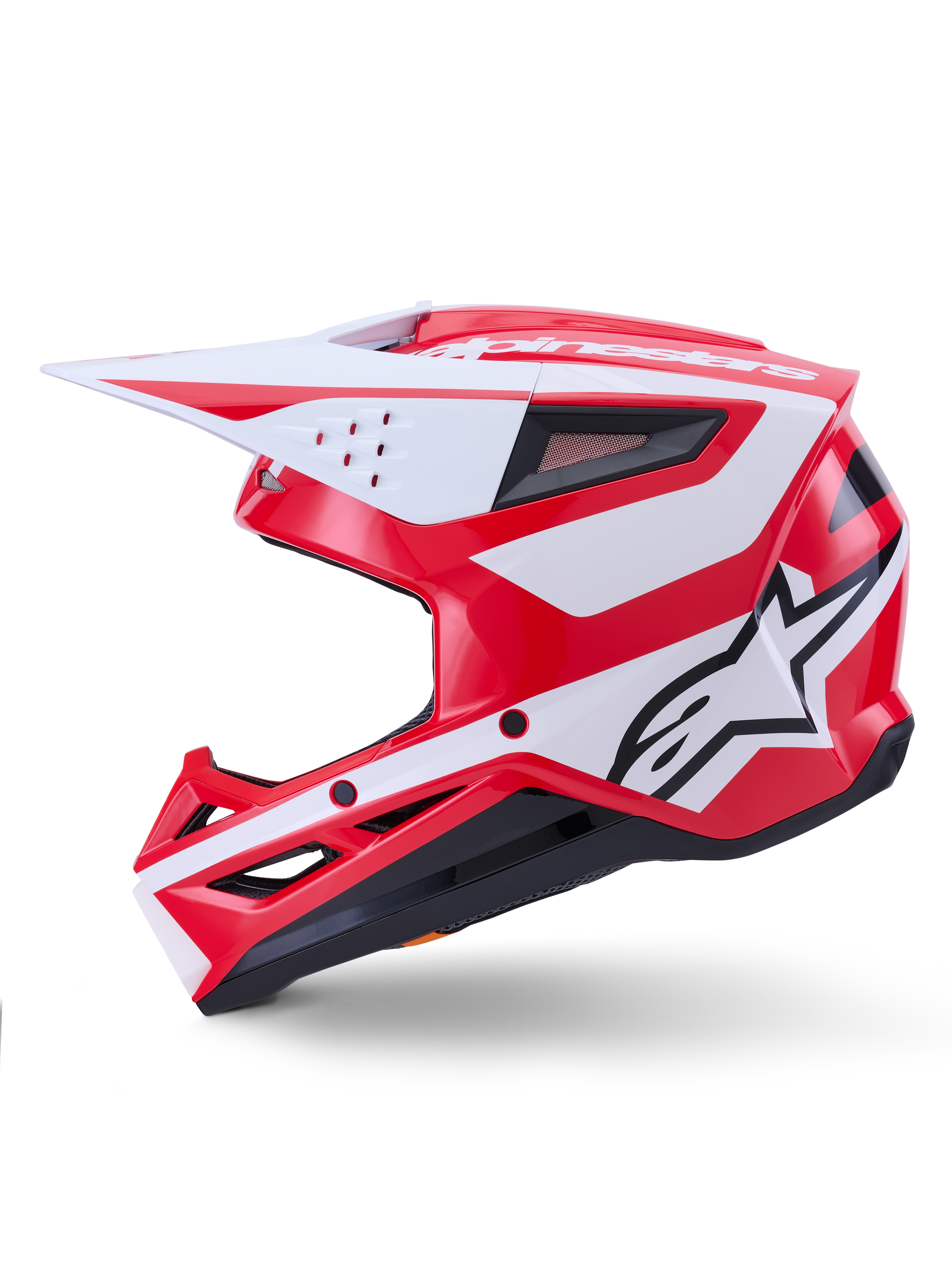 Alpinestars S-M3 Heat Helmet, capacete de motocross vermelho e branco brilhante, certificado ECE, vista de perfil.
